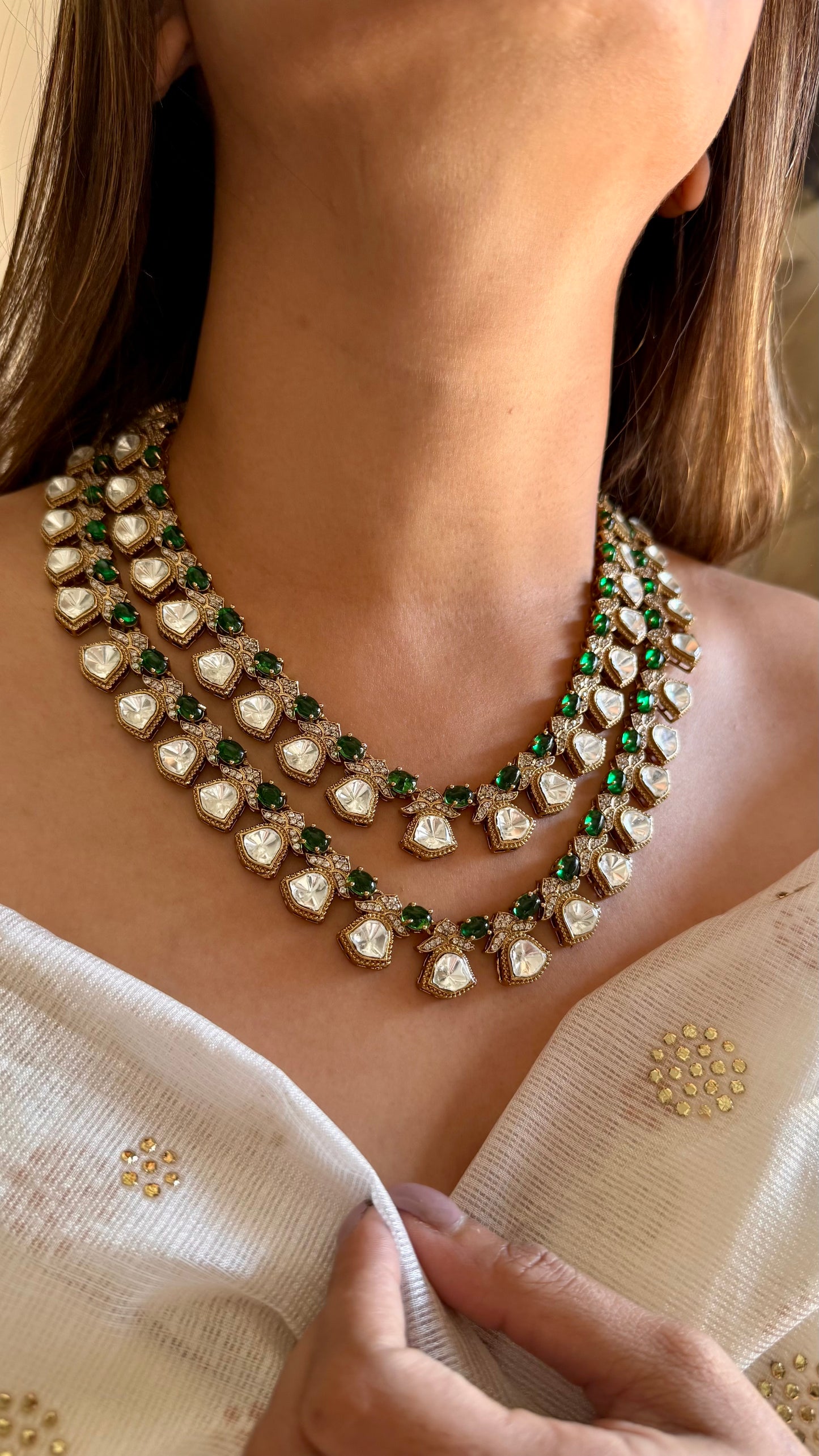 Emerald dual layered moissanite necklace