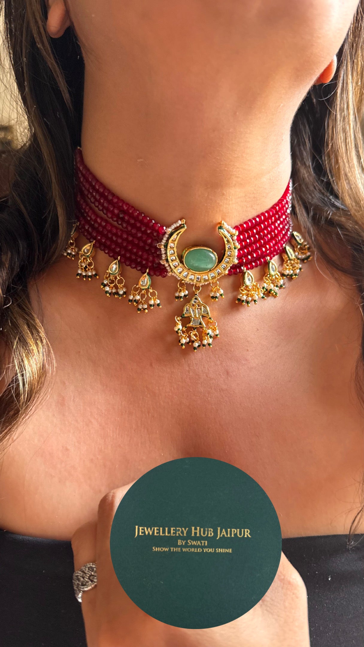 Mint inlay with ruby pearl detailing meenakari choker Necklace