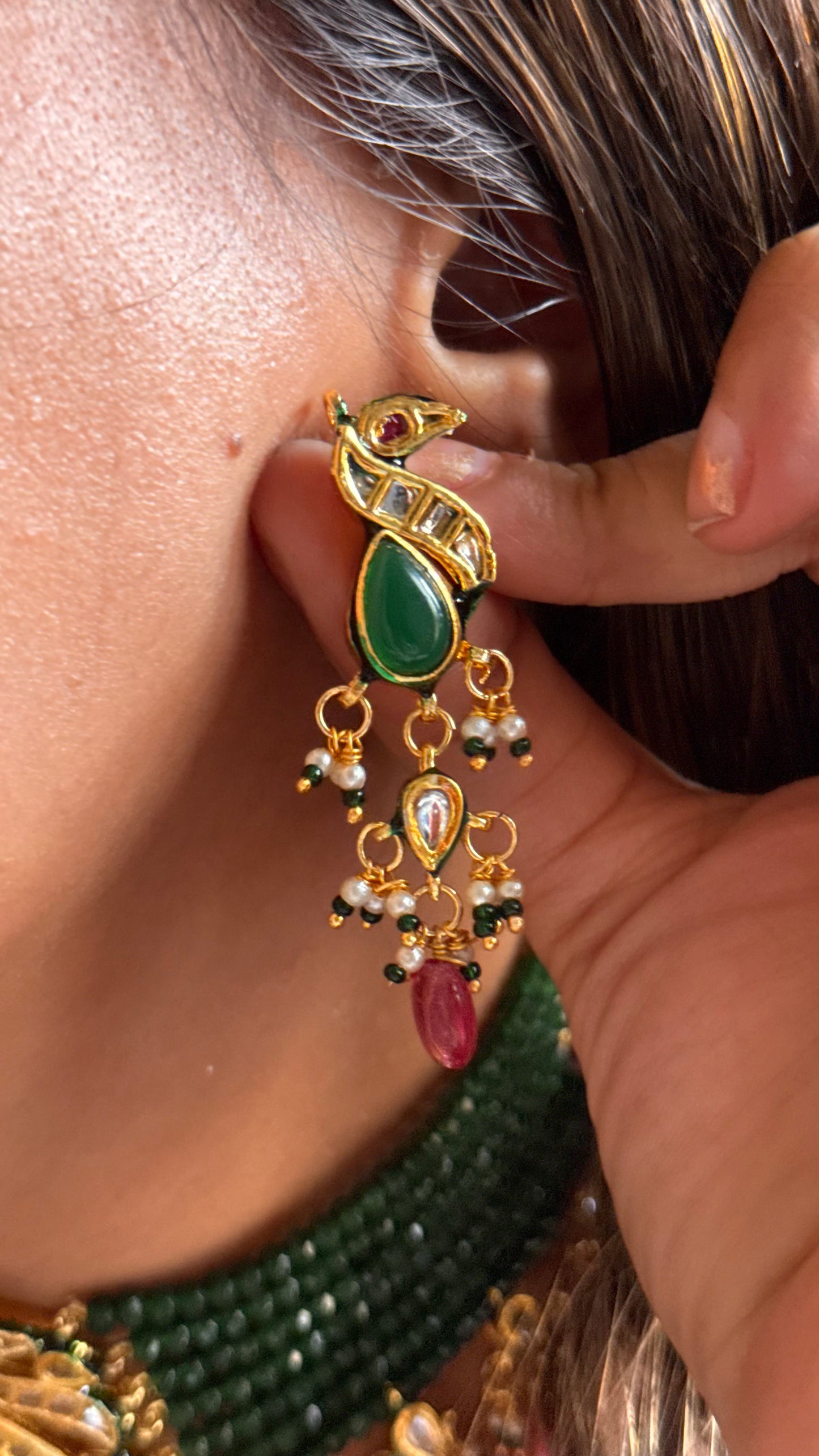 Emerald inlay Meenakari with rose quartz drop choker Necklace