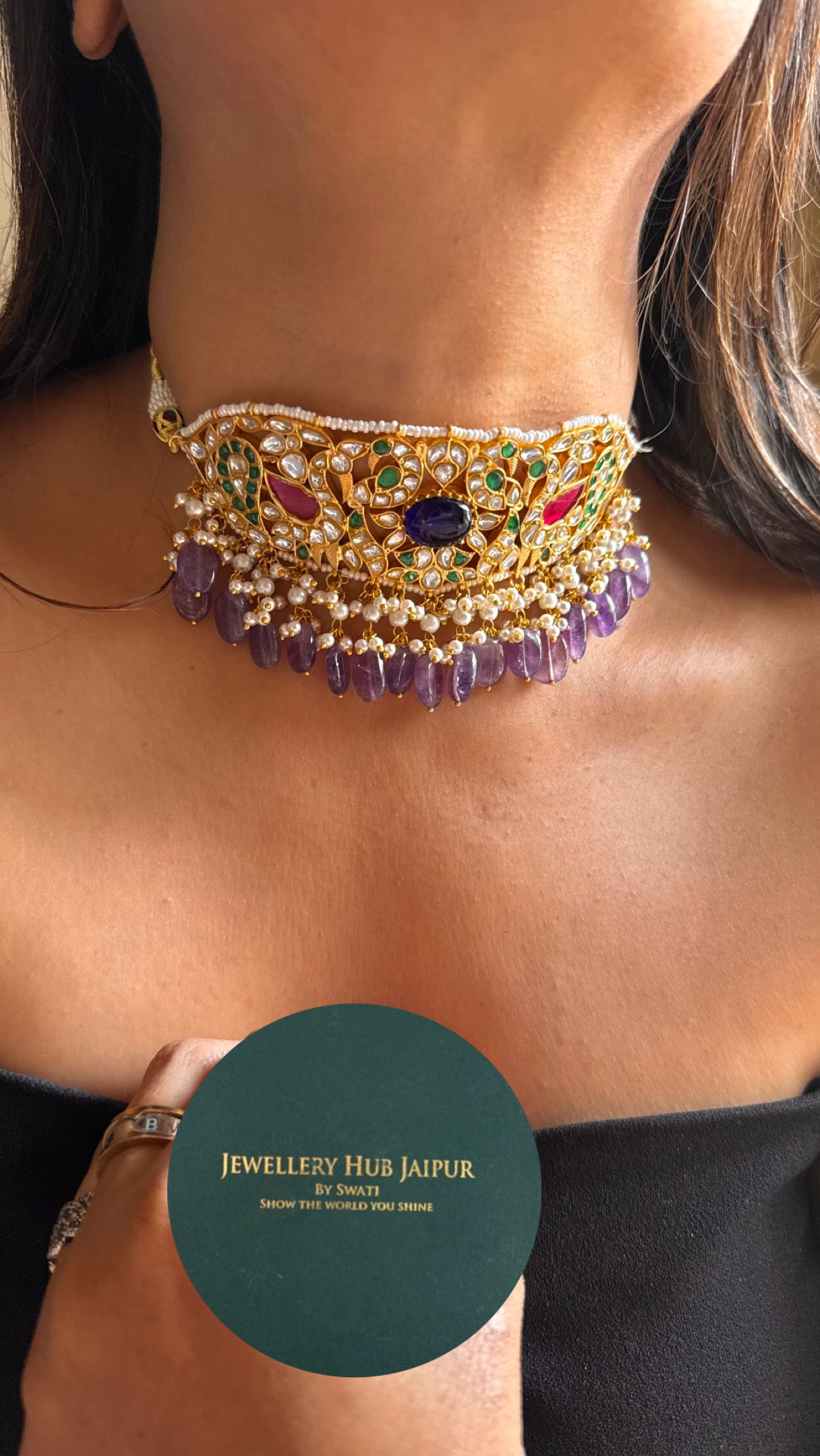Heritage handmade paachi mixed polki necklace