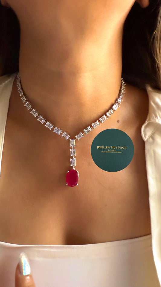 Cz diamonds Ruby doublet drop necklace