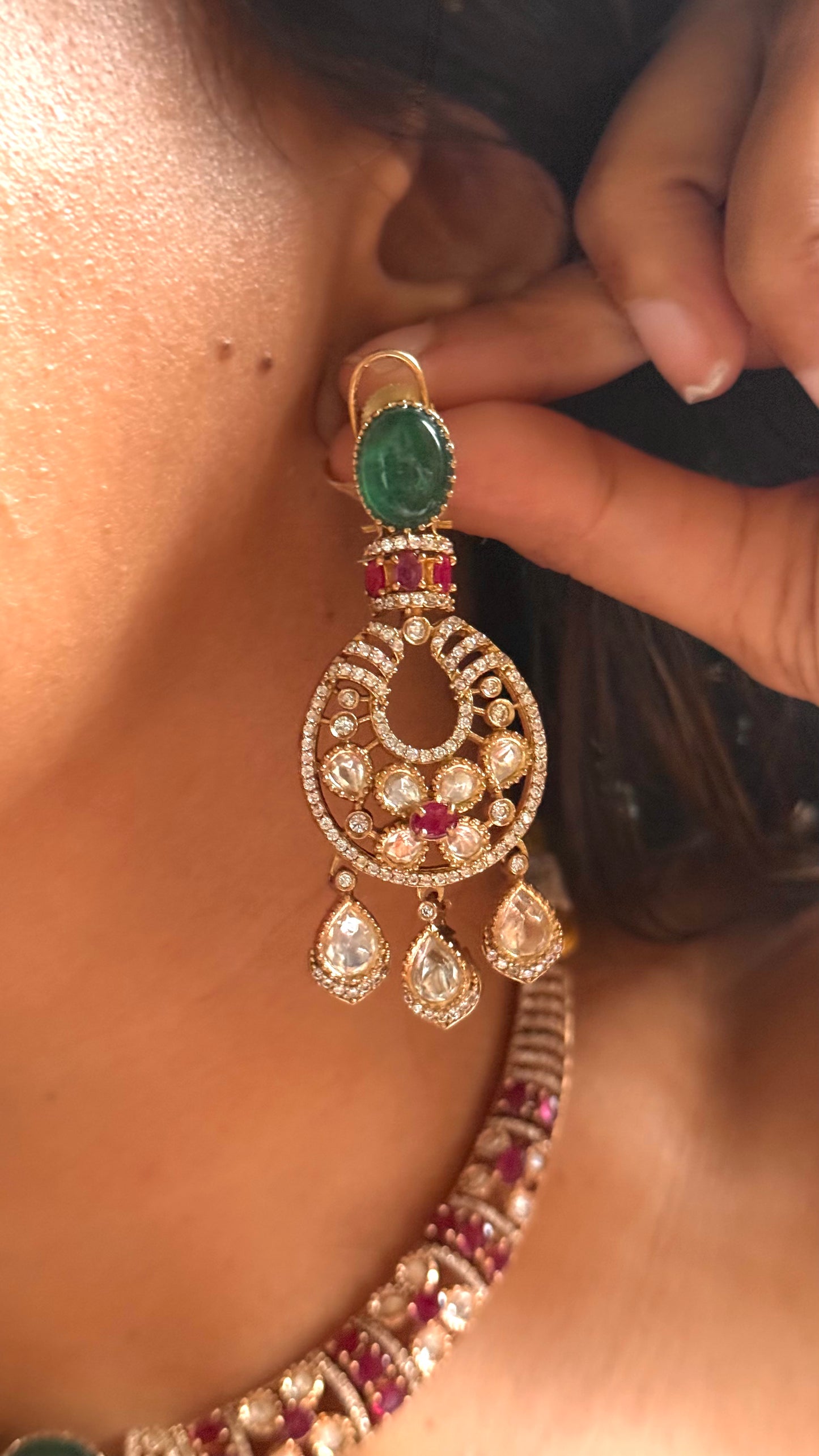 Emerald doublet & rani pink moissanite collar set