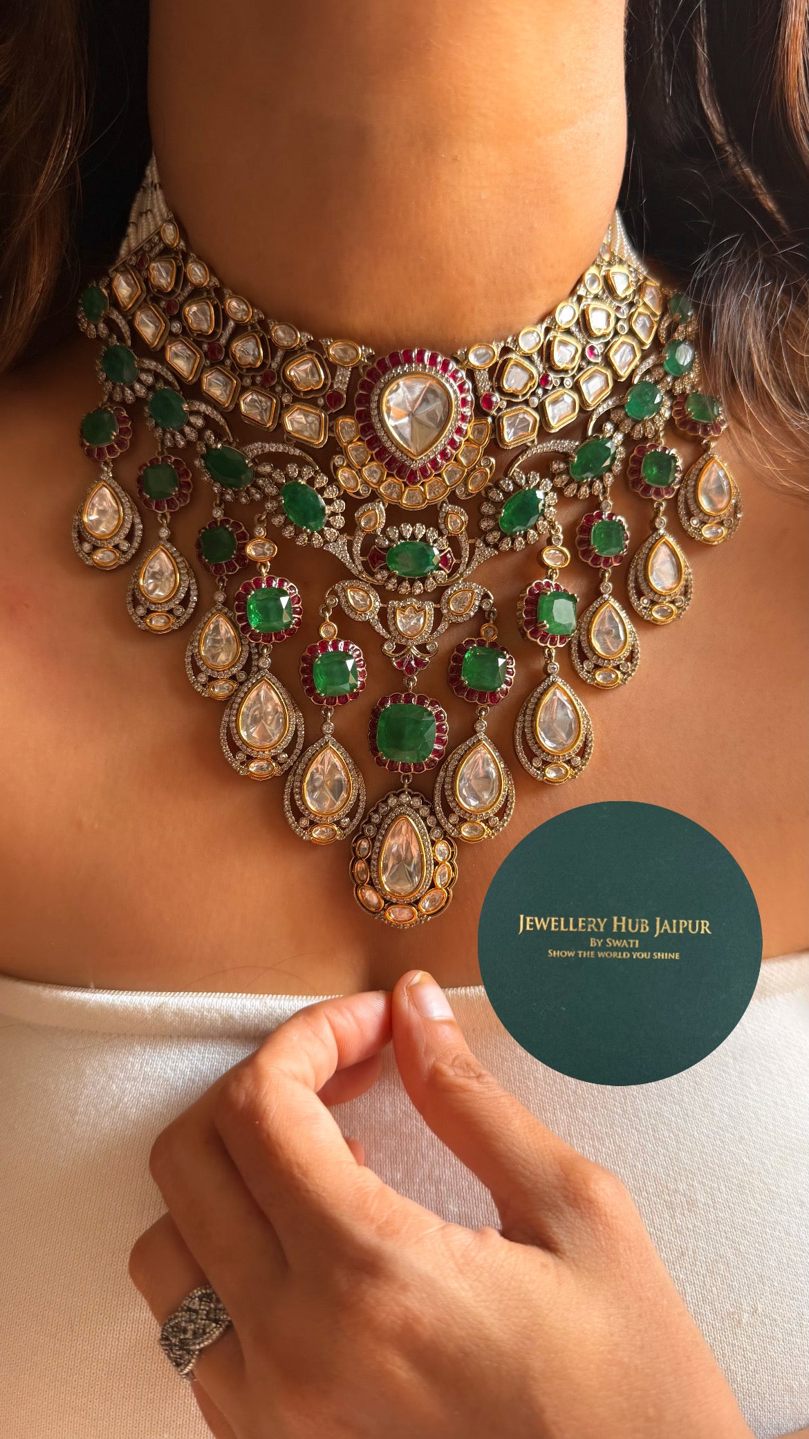 Emerald doublet & rani pink moissanite uncut polki bridal choker set