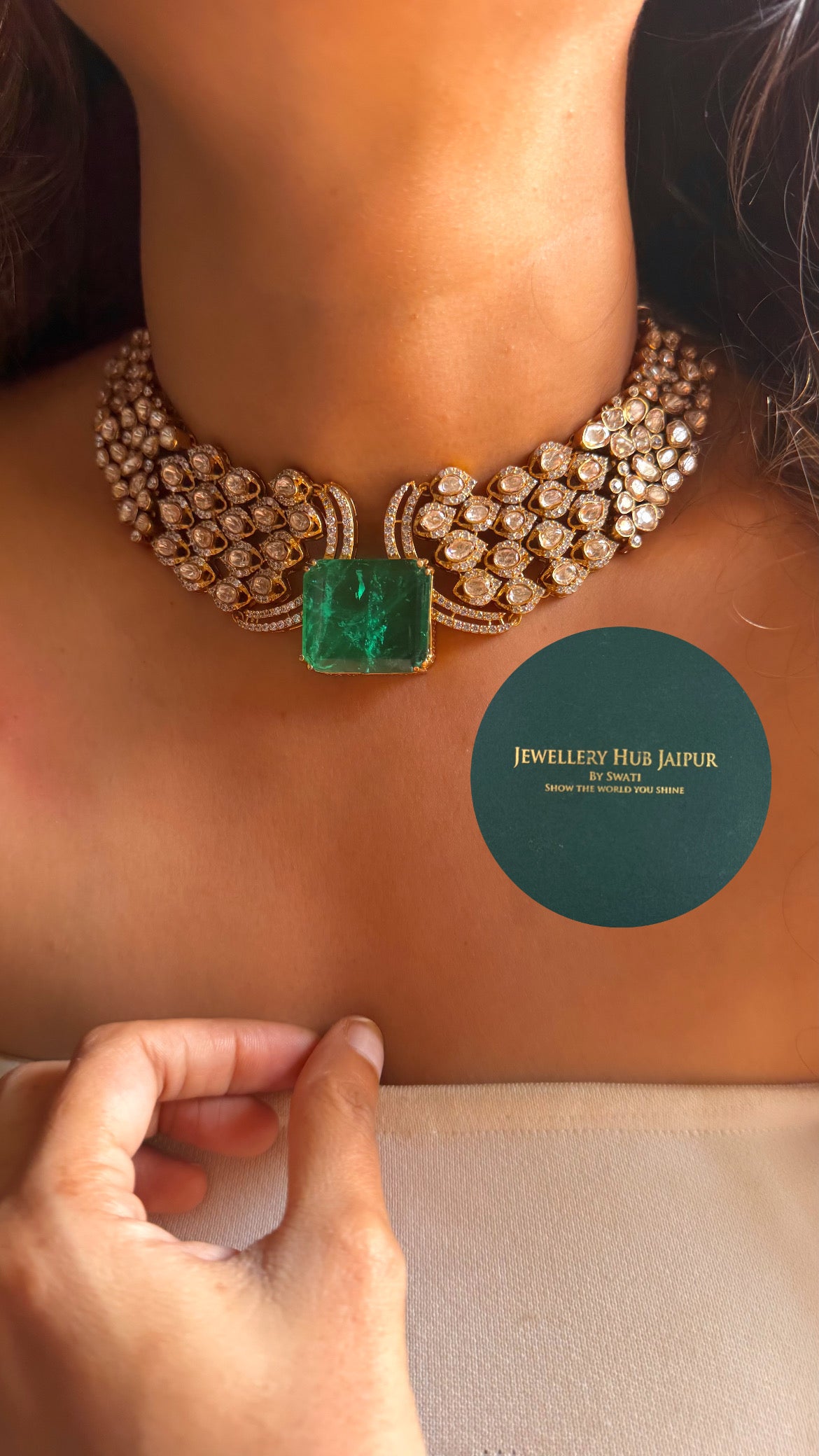 Emerald doublet & moissanite uncut polki choker set