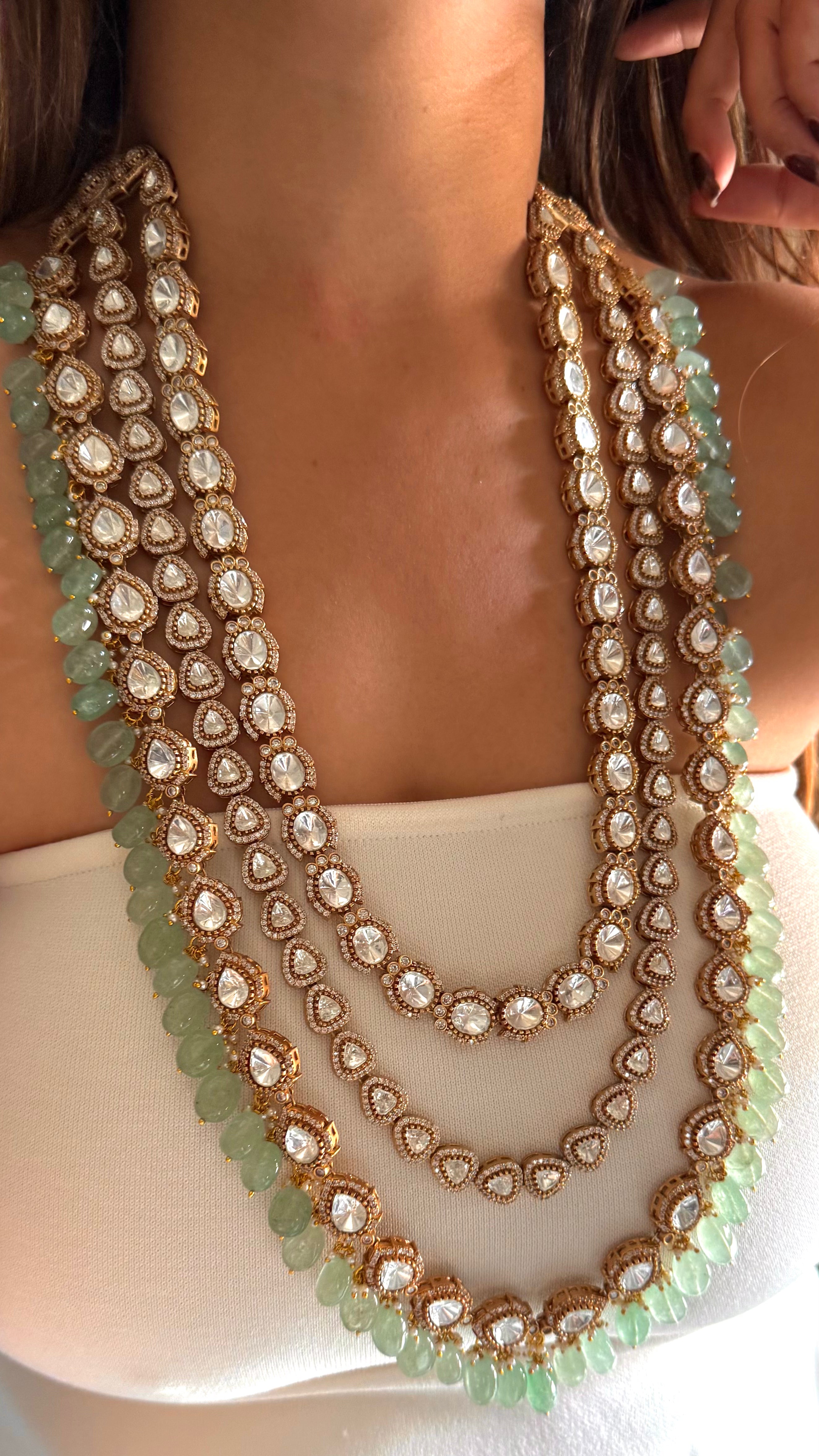 Triple layered moissanite polki & mint rani haar