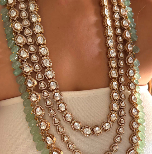Triple layered moissanite polki & mint rani haar