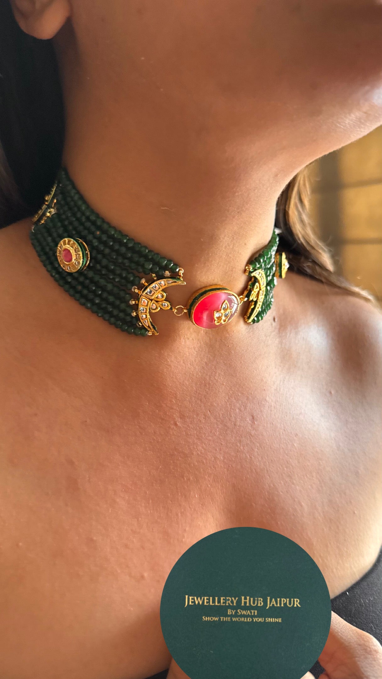 Rose quartz inlay meenakari with emerald pearl detailing choker Necklace