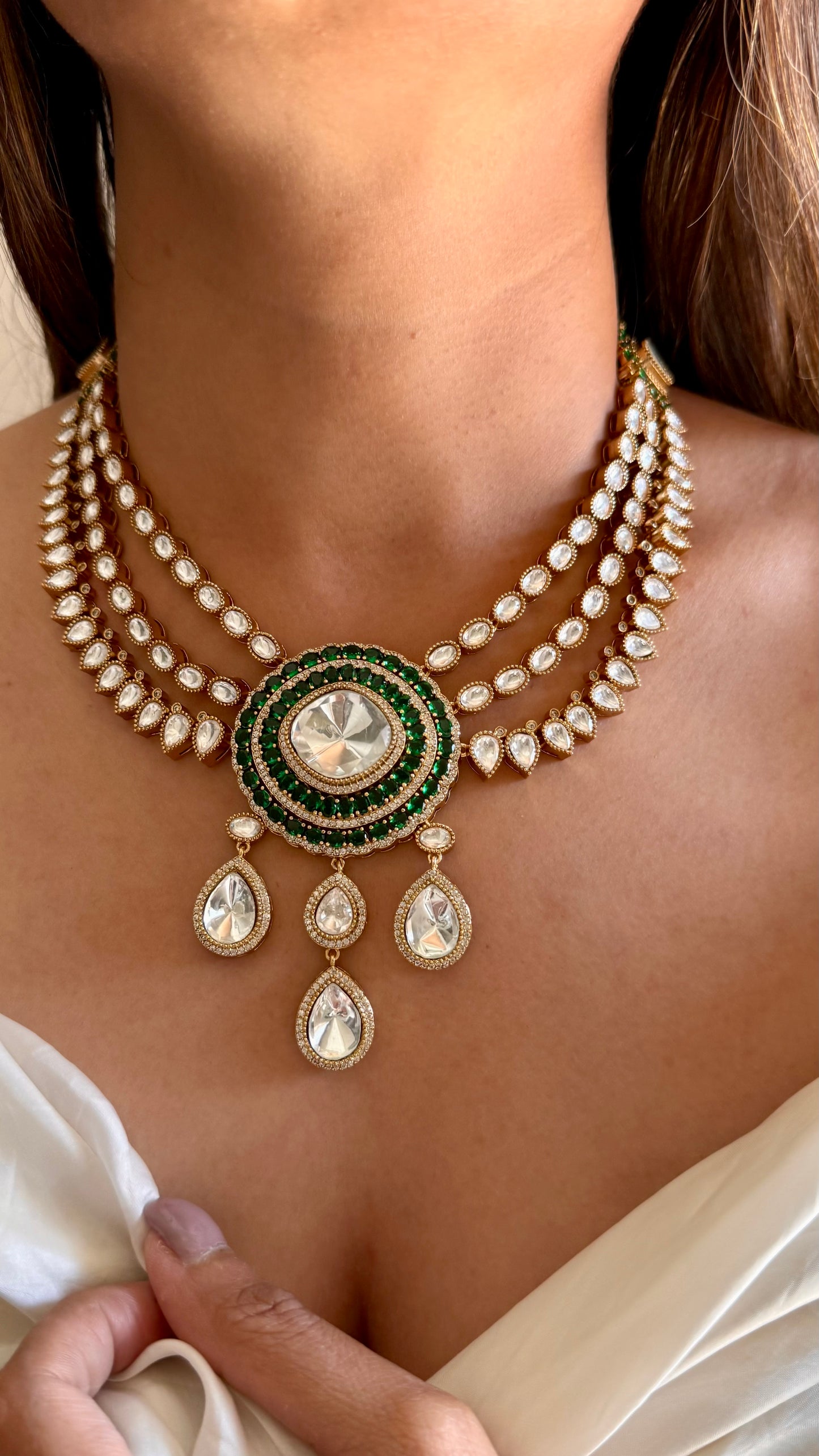 Emerald moissanite polki drop triple layered collar necklace