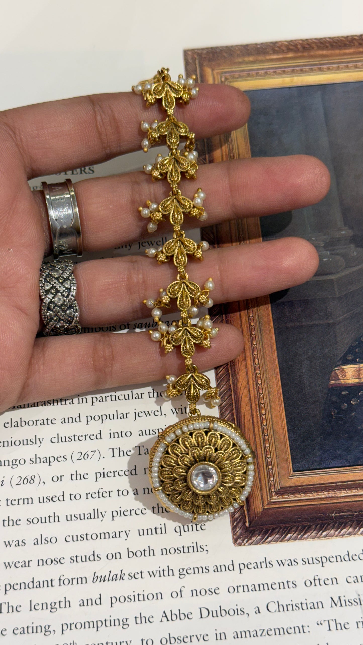 Oxidised gold nakshi borla with pearl detailing