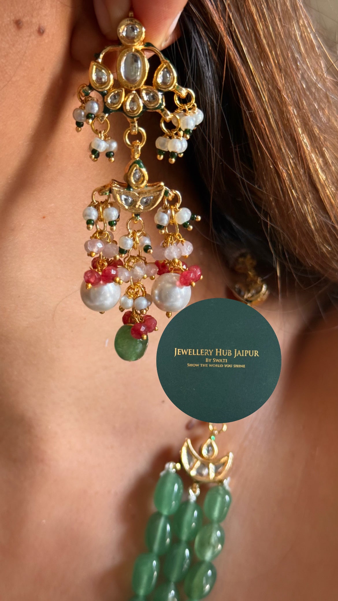 Ruby floral inlay work & mint string with meenakari paachi heritage long set