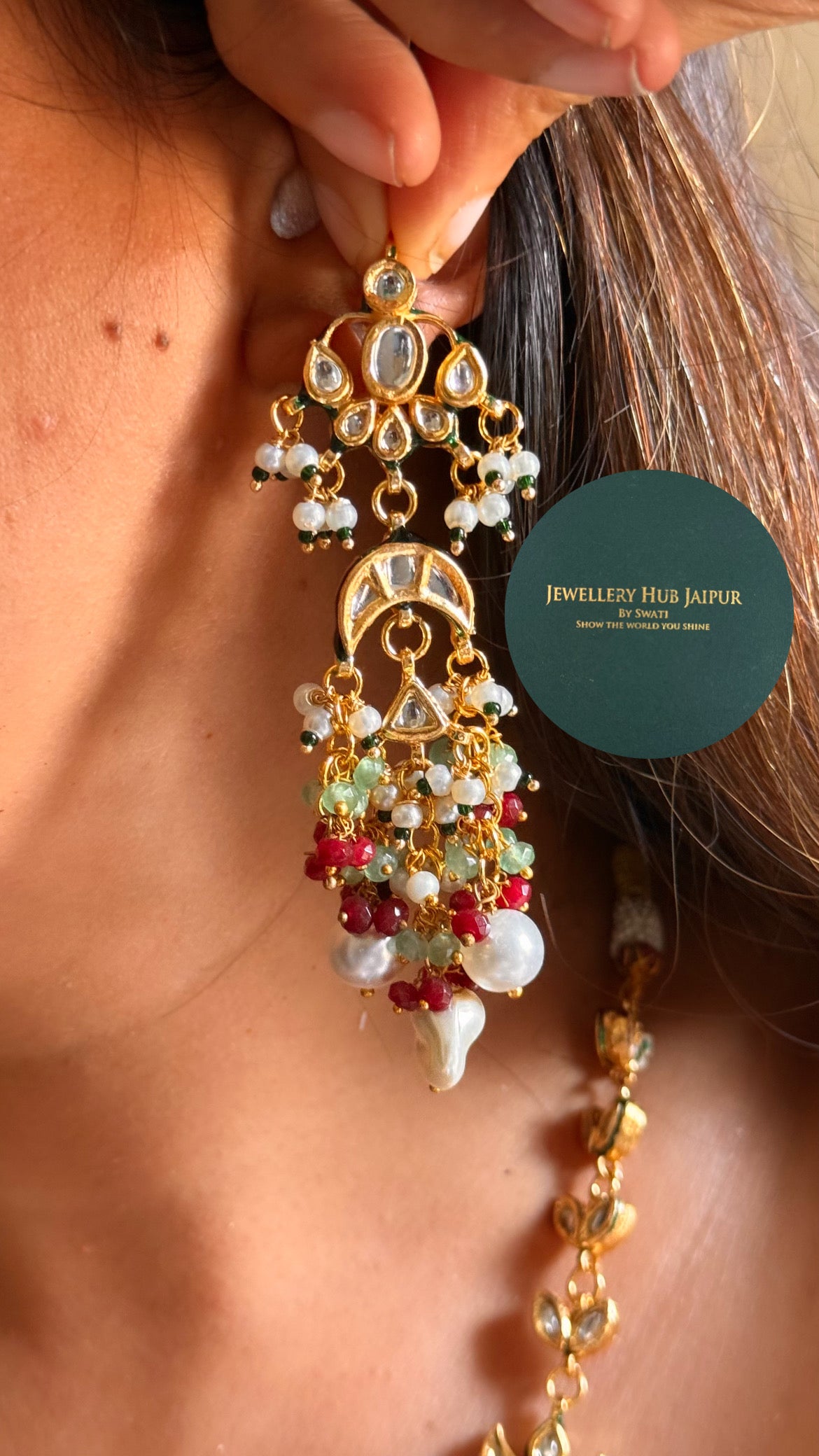 White inlay work & rani pink string meenakari paachi with pearl drop heritage long set