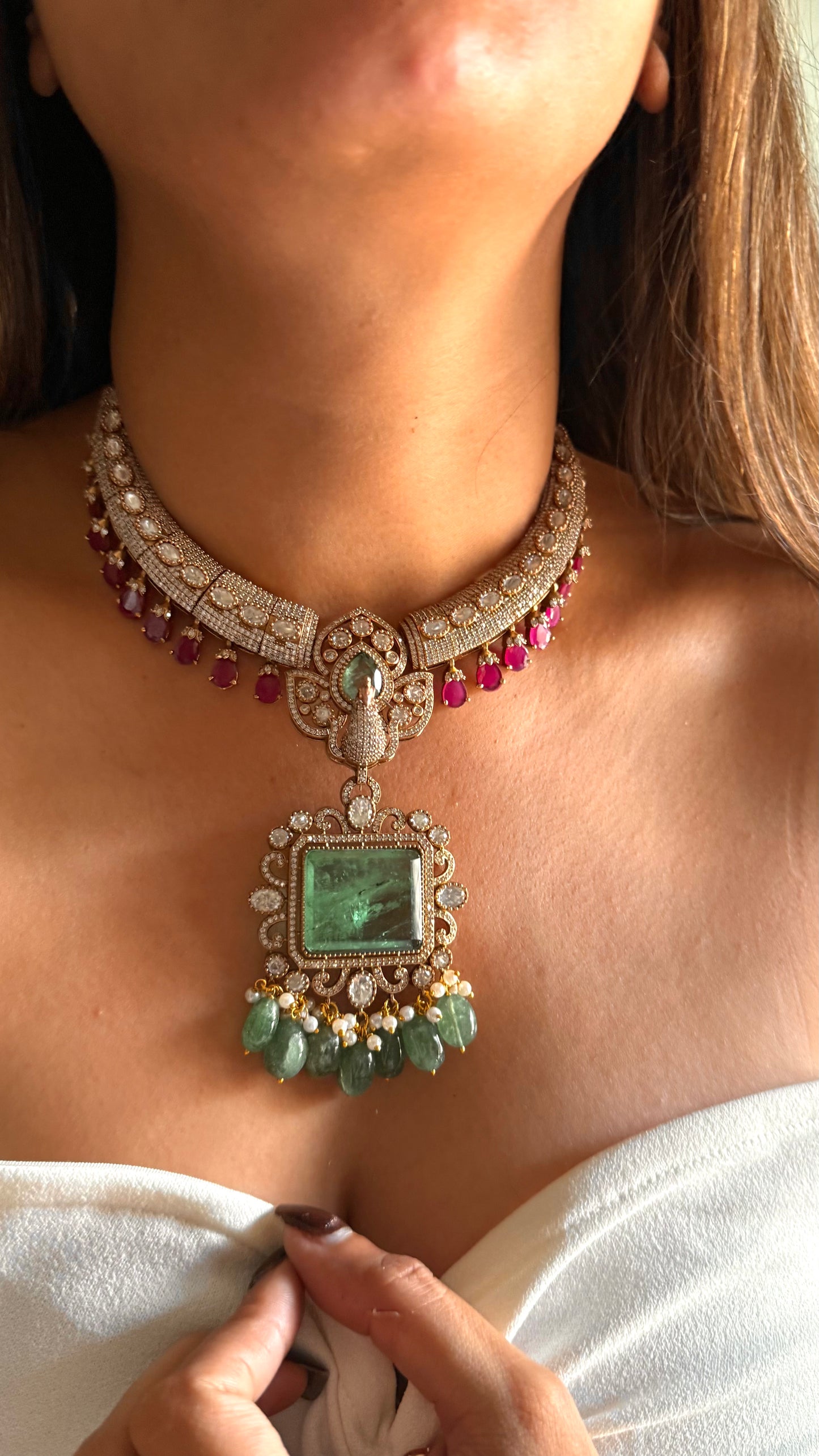 Mint doublet moissanite peacock with rani pink drops set