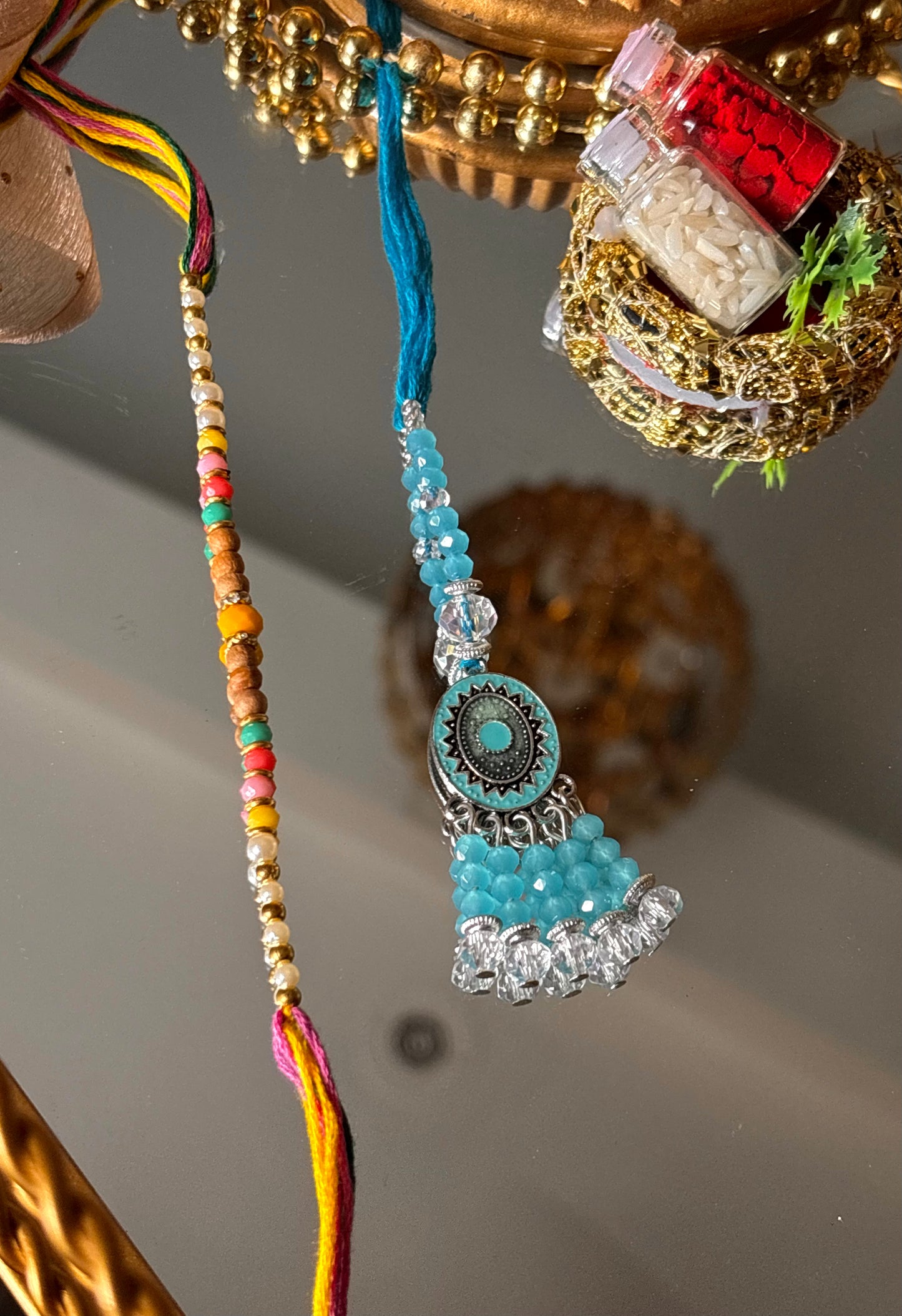 Bhaiya bhabhi lumba firoza nakashi oxidised rakhi ( shipping will be extra )