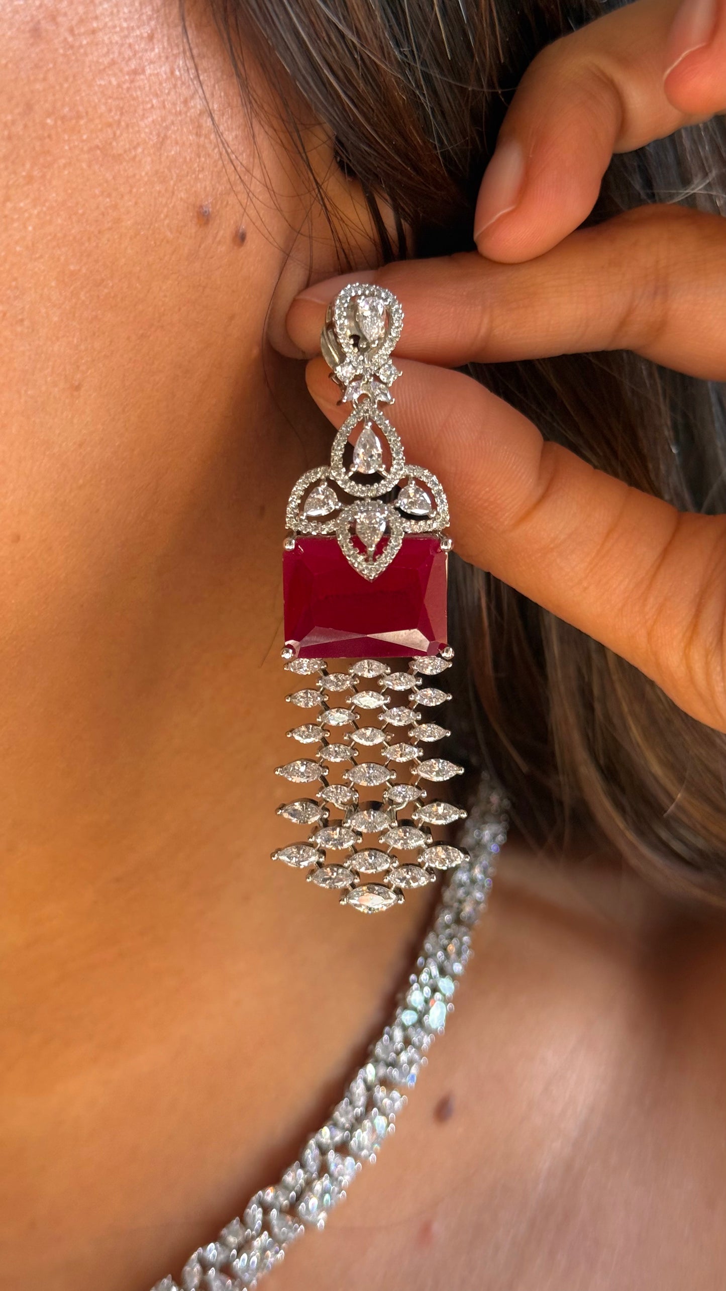 Ruby cz diamond doublet necklace