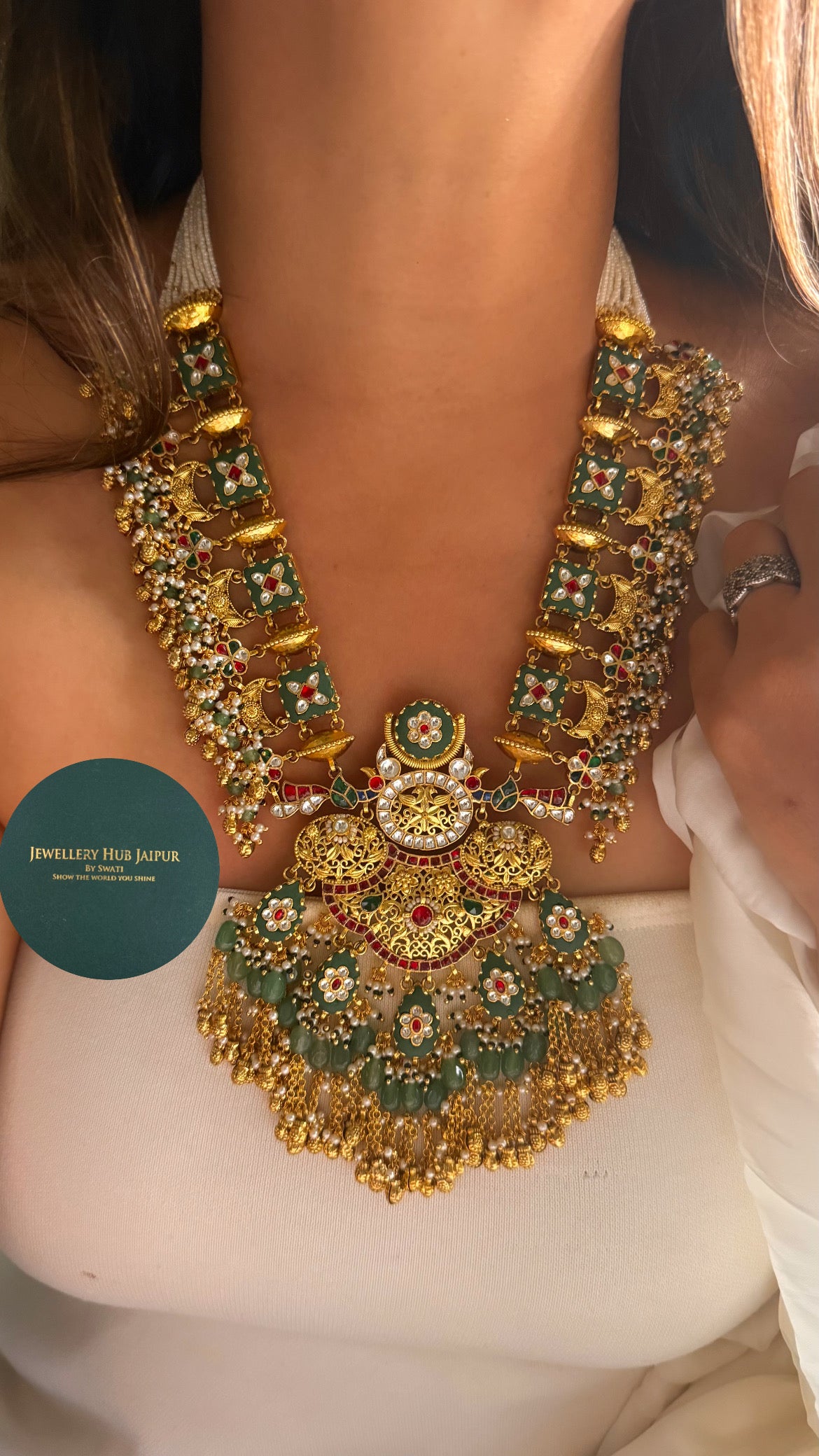 Handmade Heritage Polki Mint inlay work & rani pink with mint drops rajwada heritage mid length set
