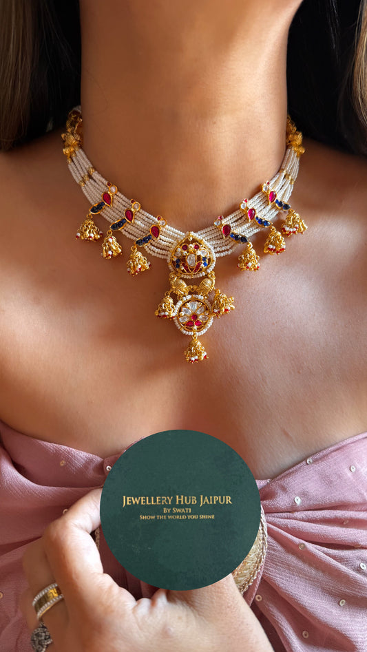 Real Moissanite Rajwada peacock Sapphire & ruby necklace