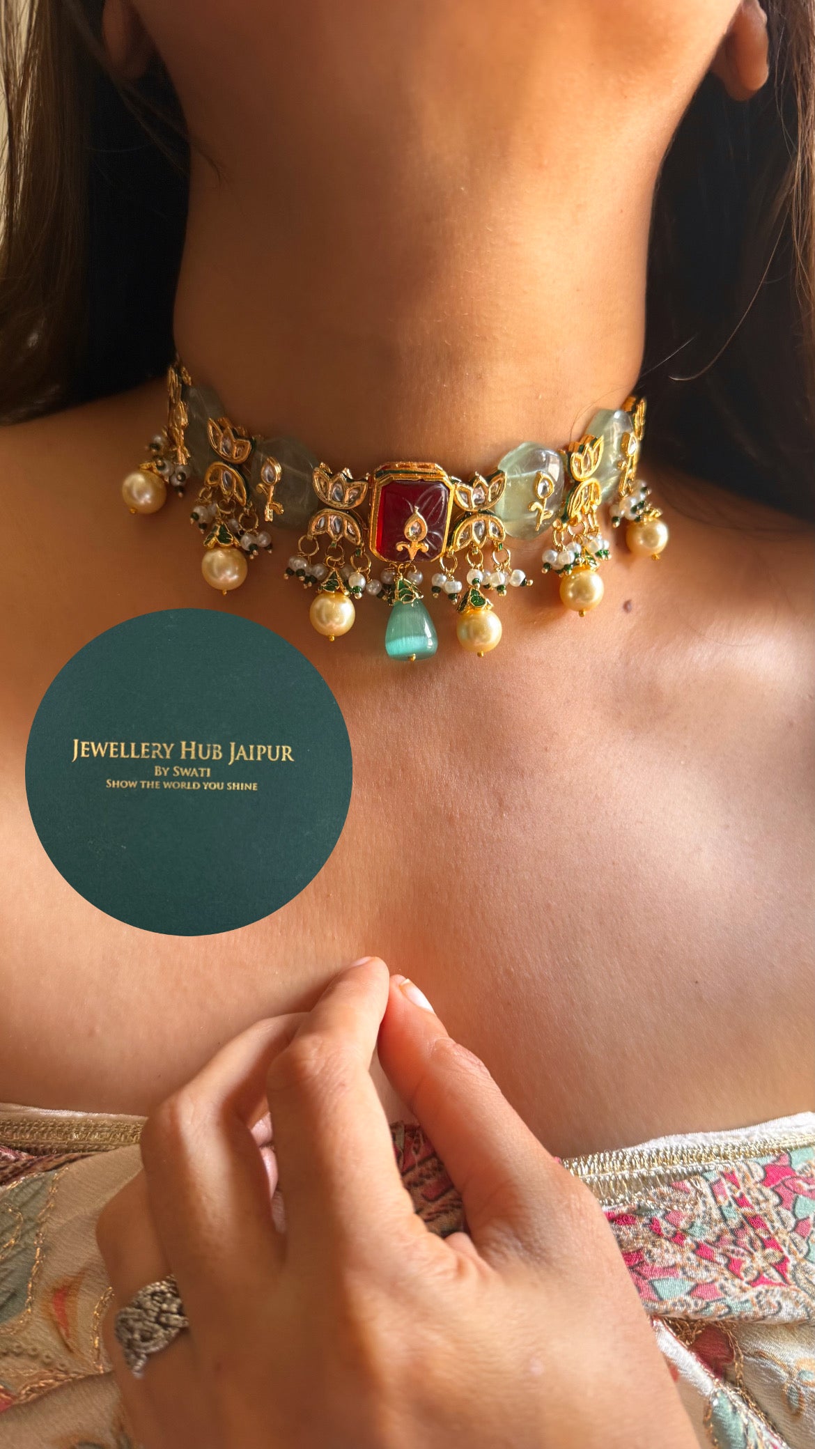 Ruby & mint inlay work & emerald meenakari paachi with pearl drop choker set