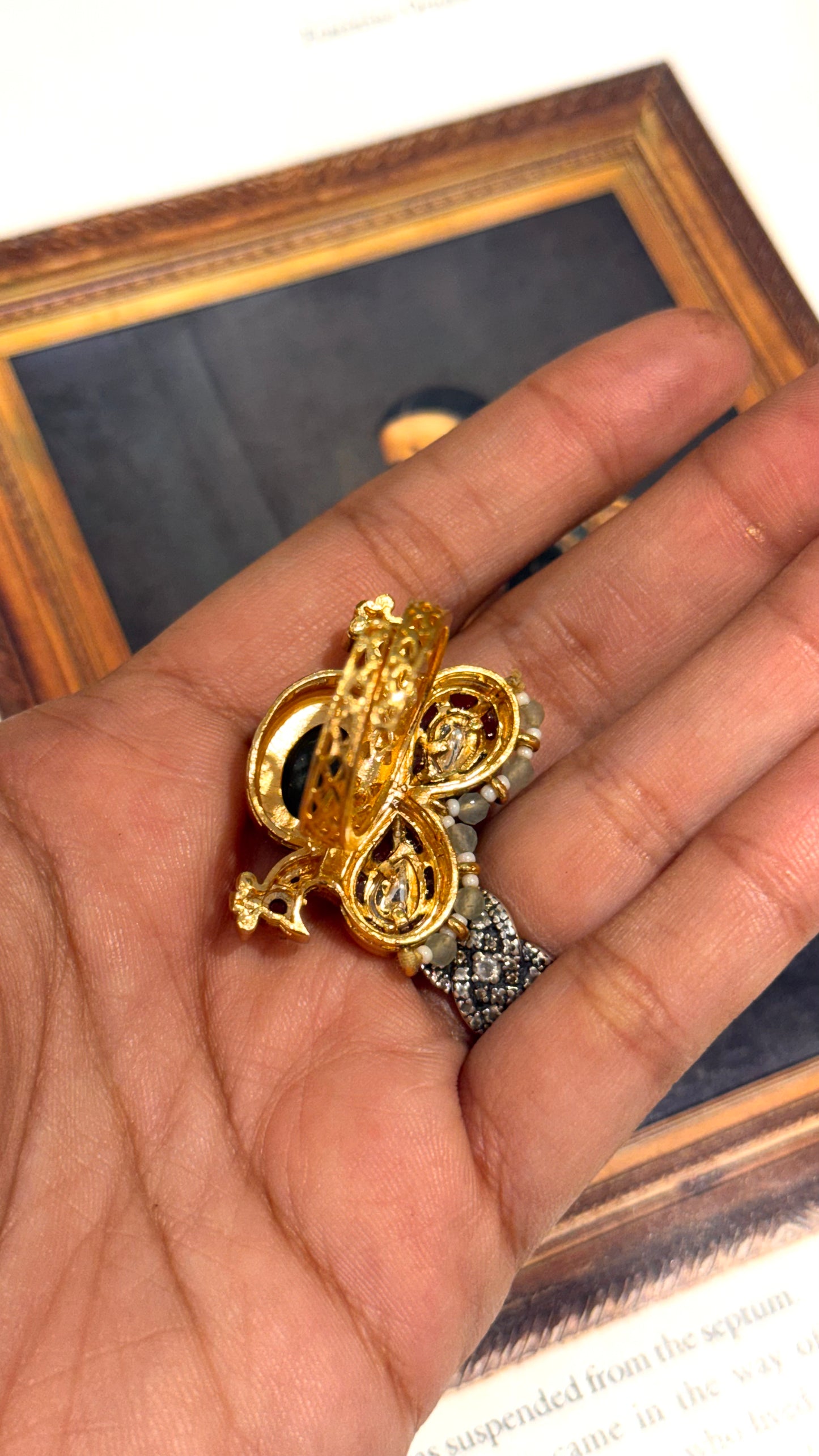 Peacock inspired inlay ruby & emerald detailing adjustable ring