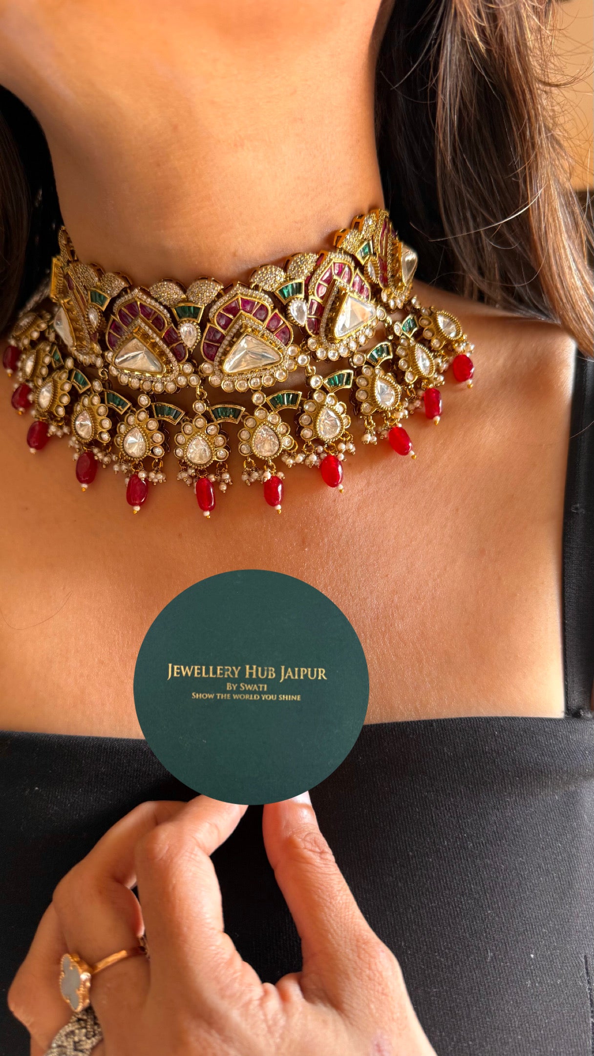 emerald & ruby drop moissanite bridal necklace
