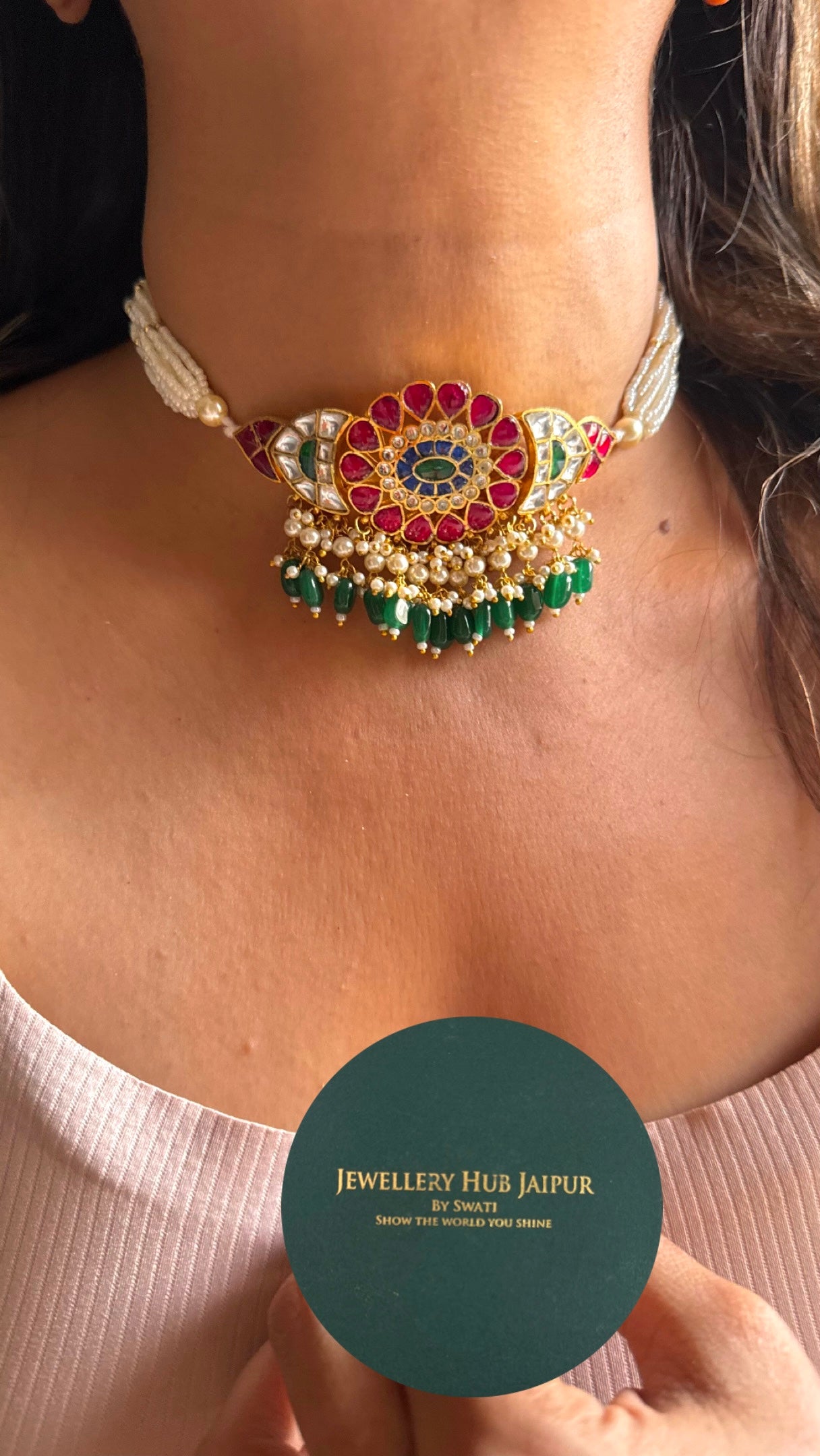 Handmade Paachi Kundan jadau multicoloured thread choker necklace set