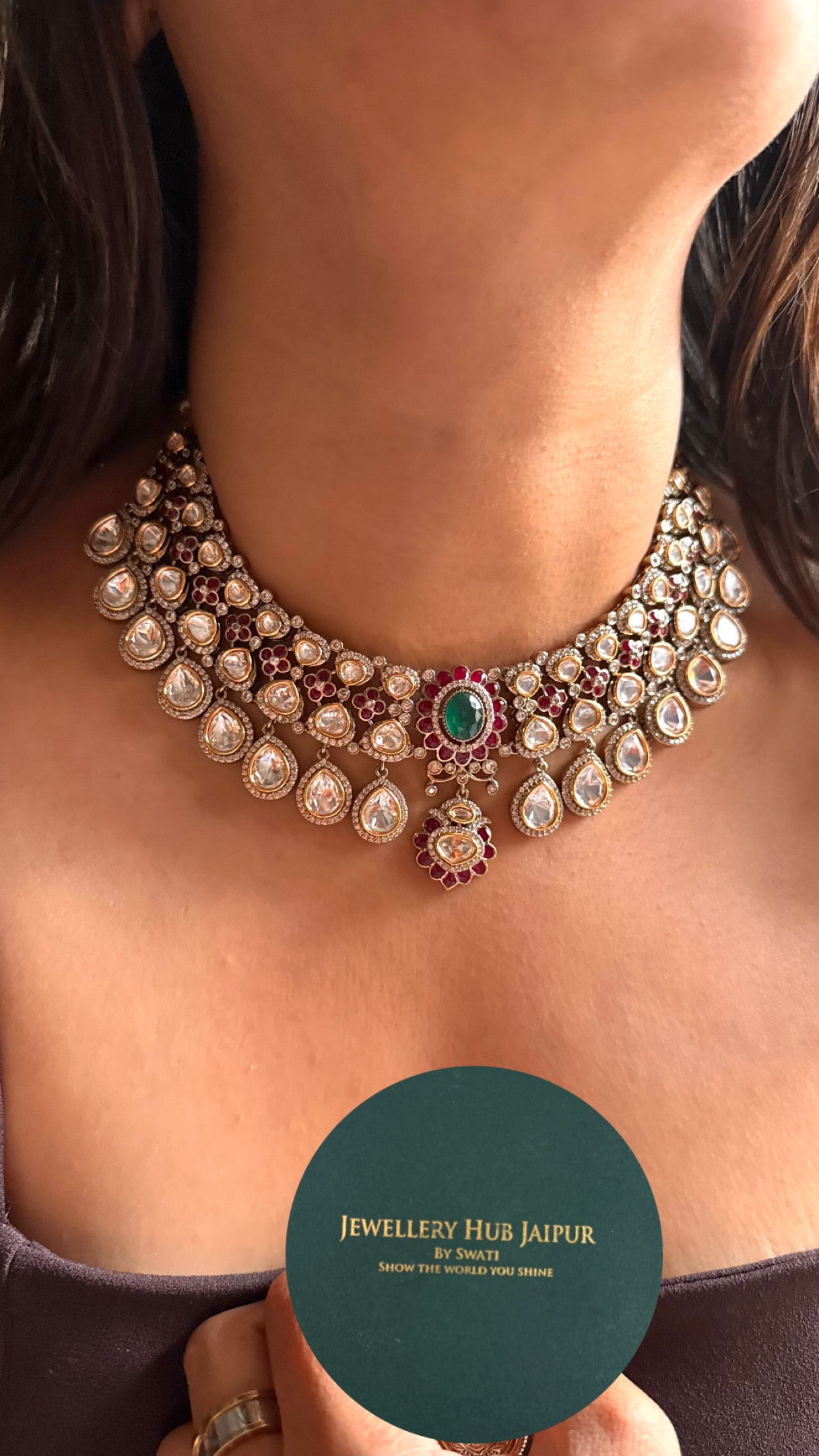 Emerald & ruby vintage moissanite polki necklace