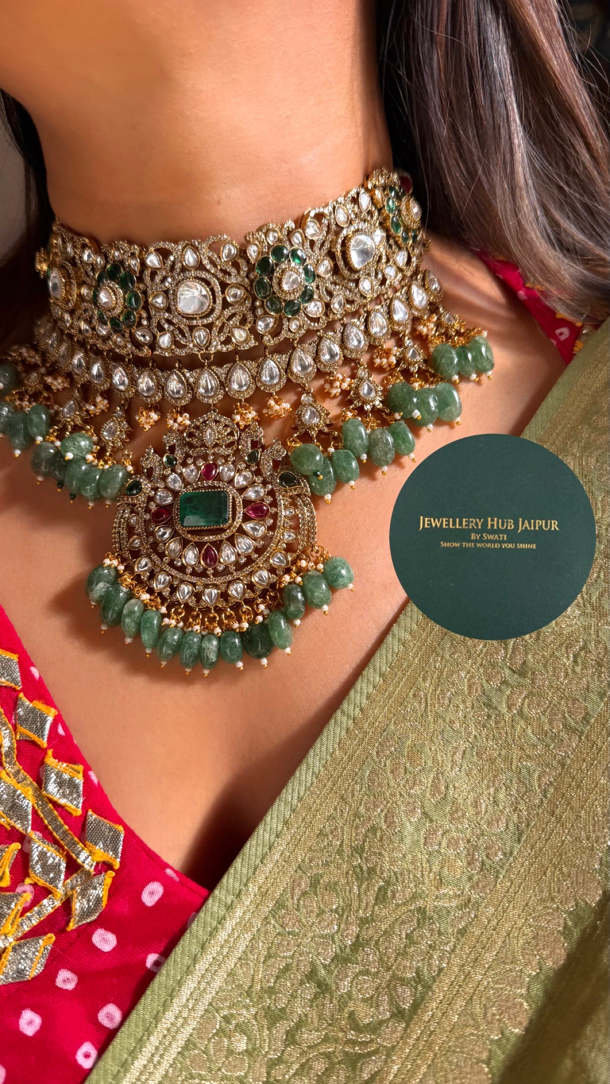 Emerald doublet & Rani pink with mint drops choker set