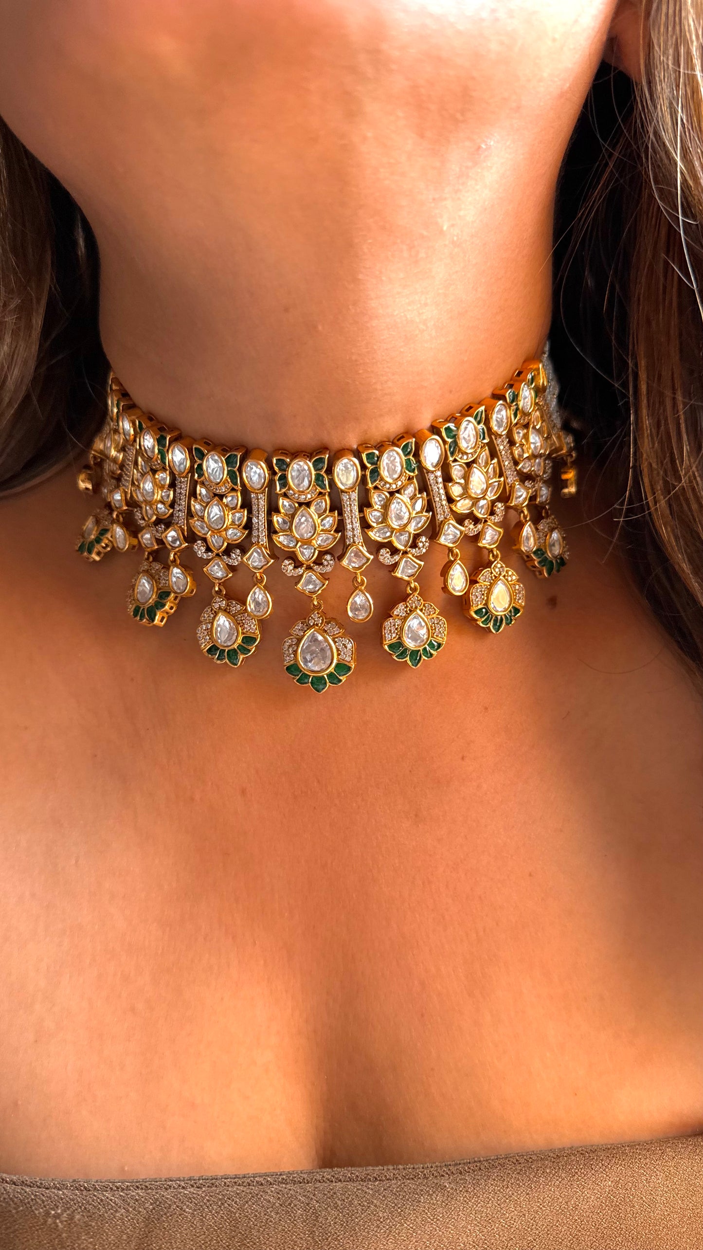 Emerald Takkar work Moissanite Choker Necklace