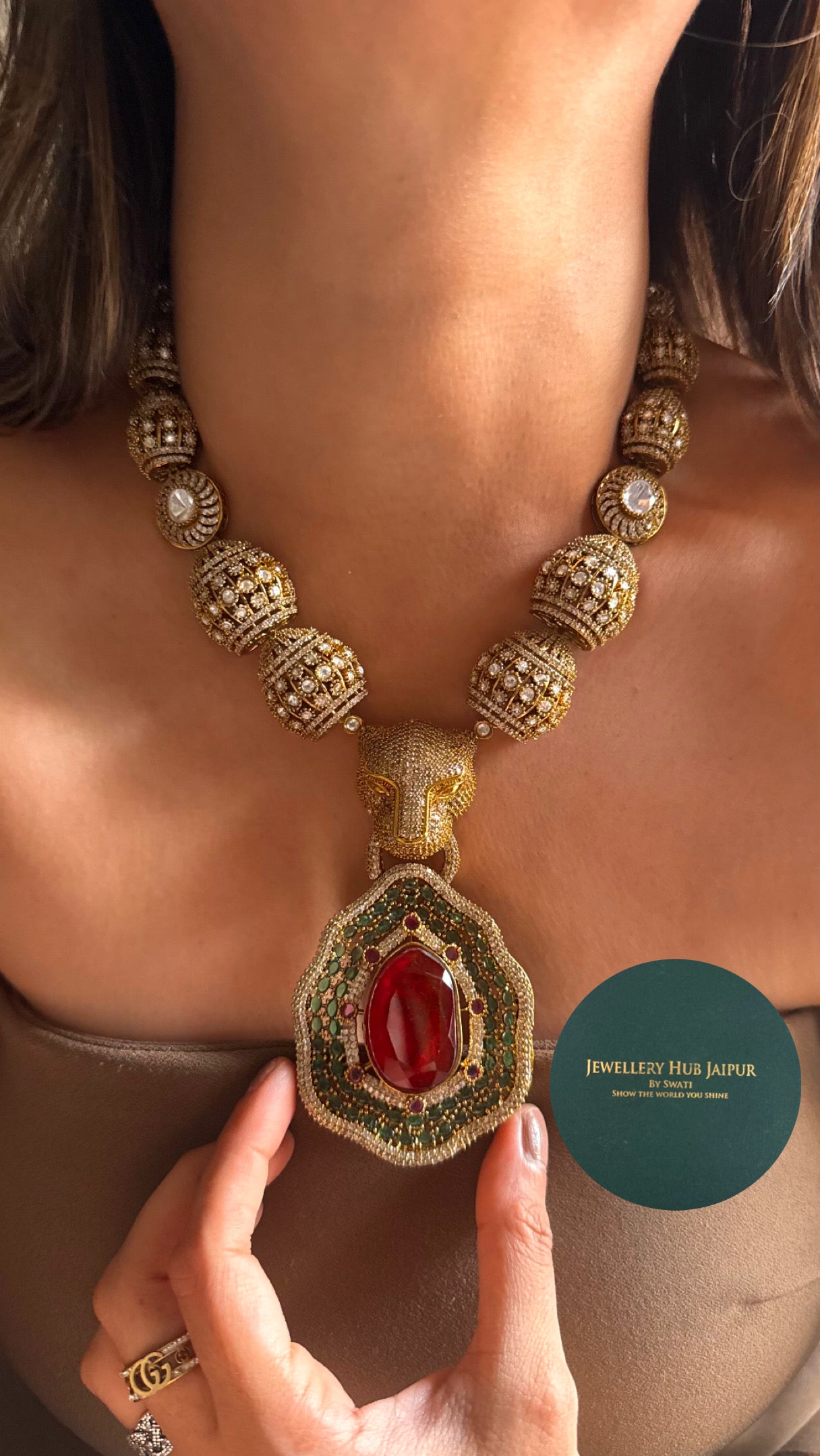 Ruby doublet with emerald cocktail leopard collar necklace