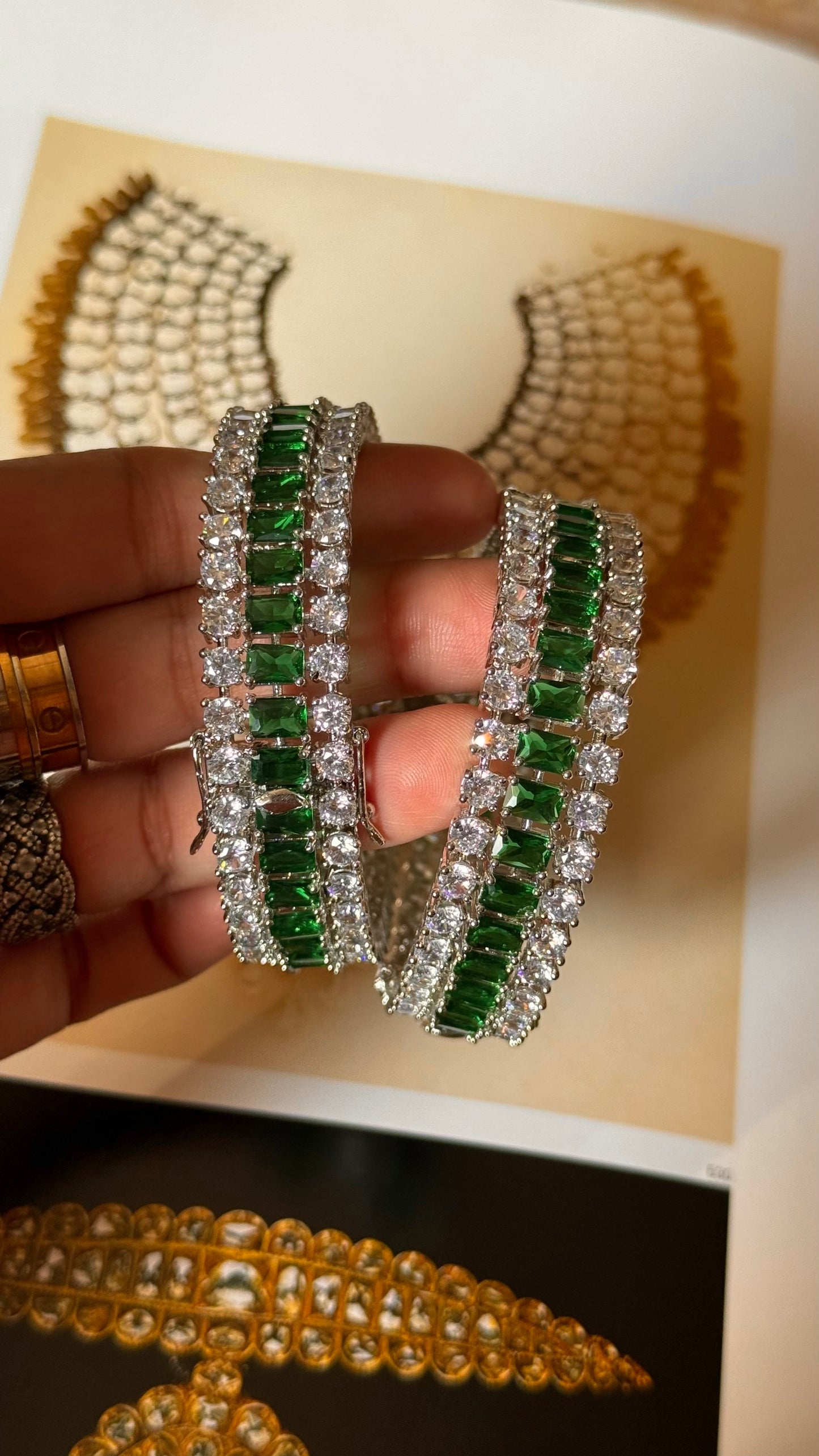 Emerald diamond triple line bangles