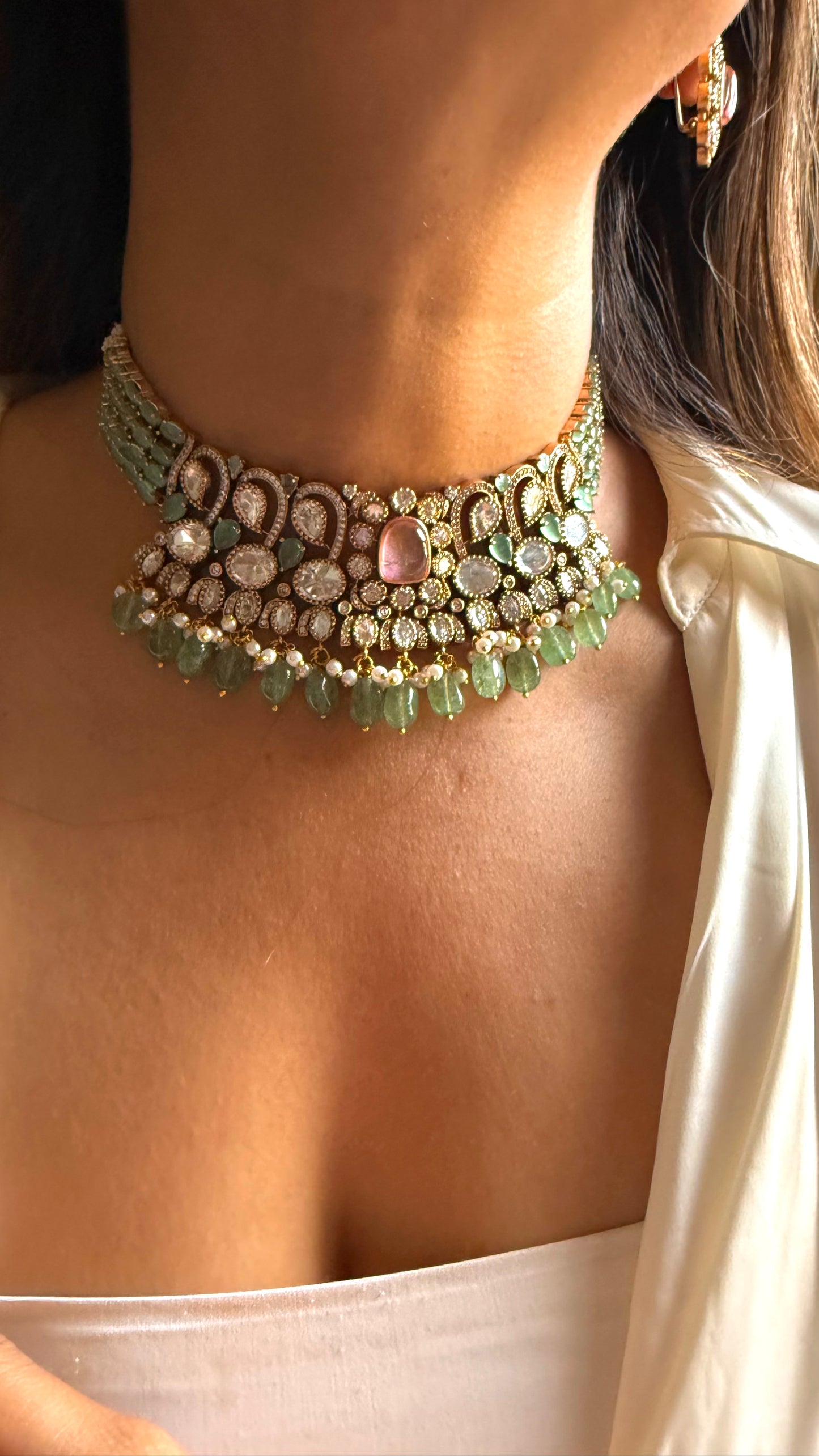 Rose quartz & mint Moissanite polki choker