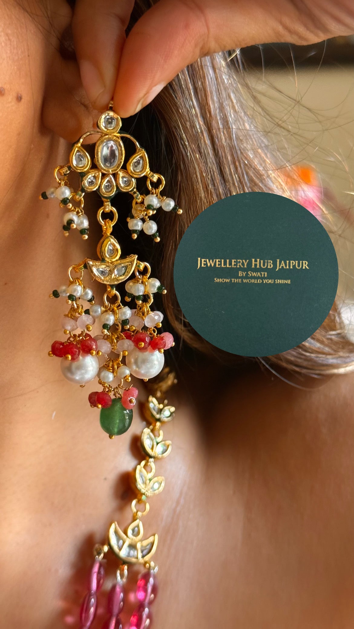 Emerald inlay work & rani pink string meenakari paachi heritage long set