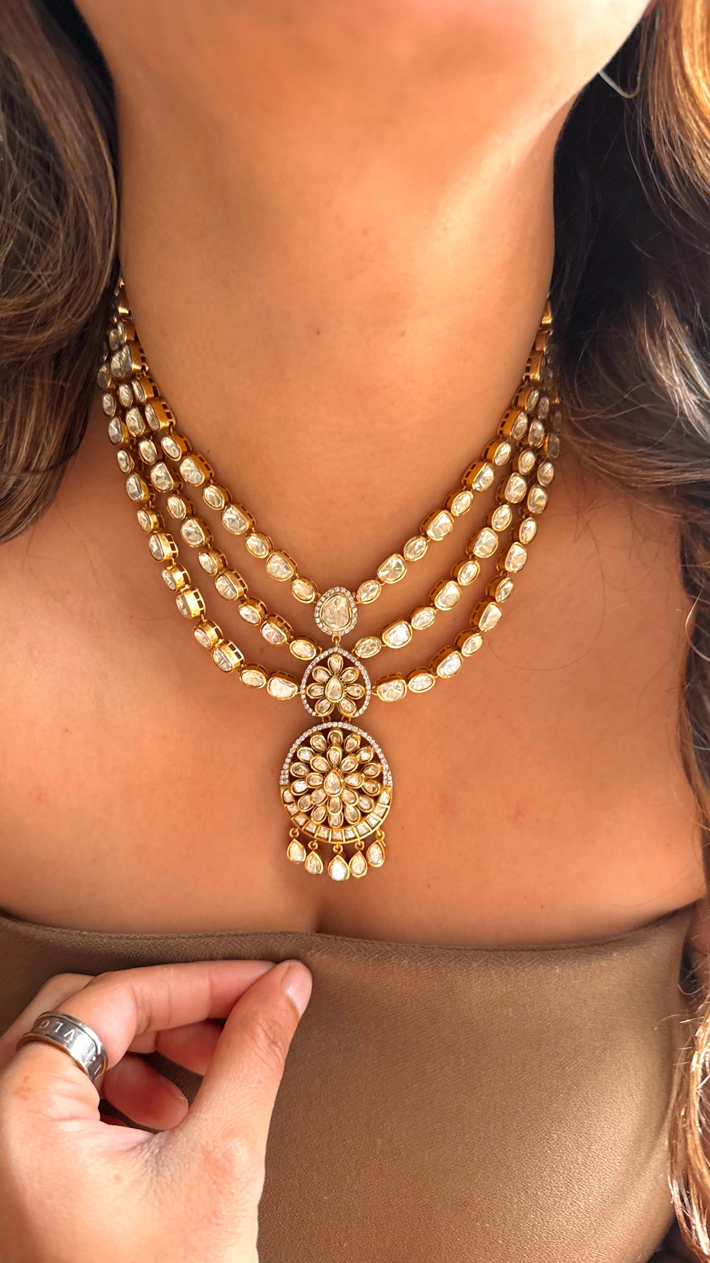 Peeli polki triple line designer necklace