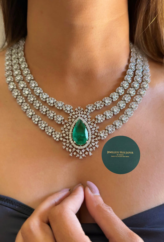 Emerald drop doublet triple layer diamond necklace
