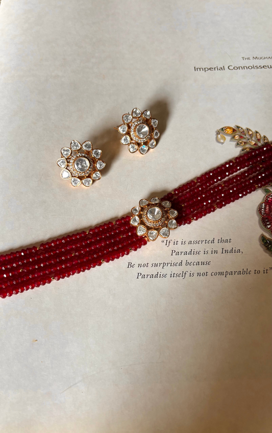 Real Moissanite floral polki rani pink ruby pearl detailing choker necklace