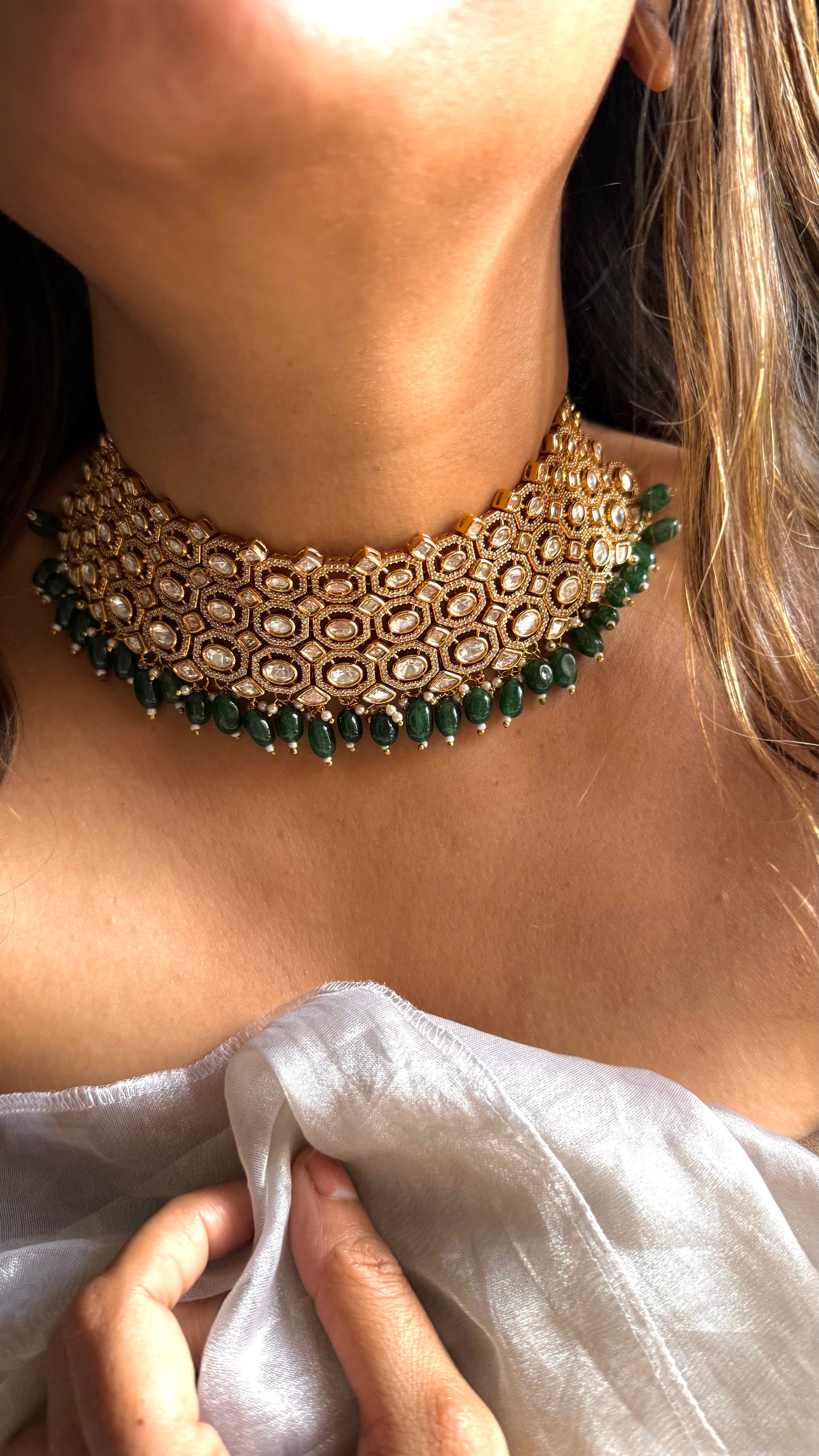 Polki Choker with emerald drop detailing