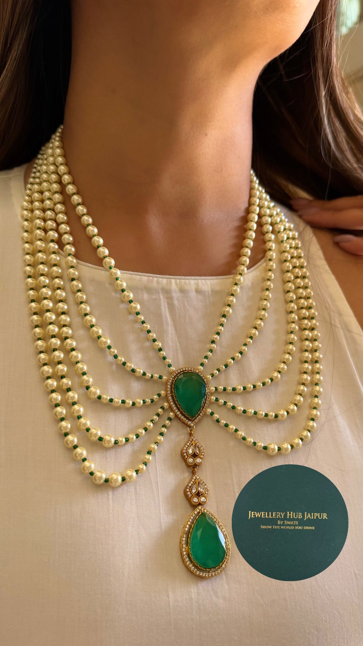 Iqra Emerald moissanite designer mid length pearl necklace