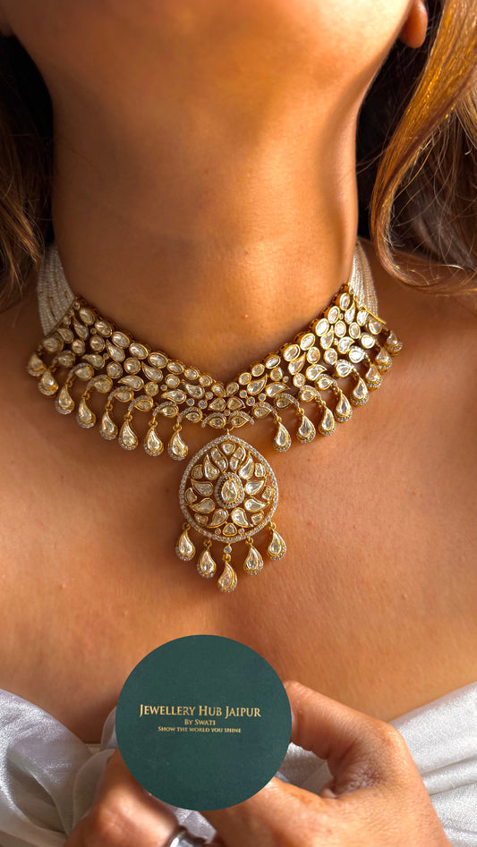 Pearl string real moissanite lv polki necklace