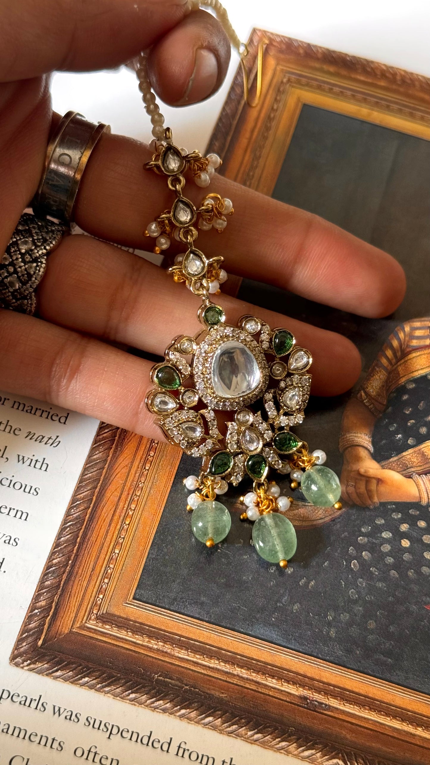 Emerald with mint drops polki maangtika