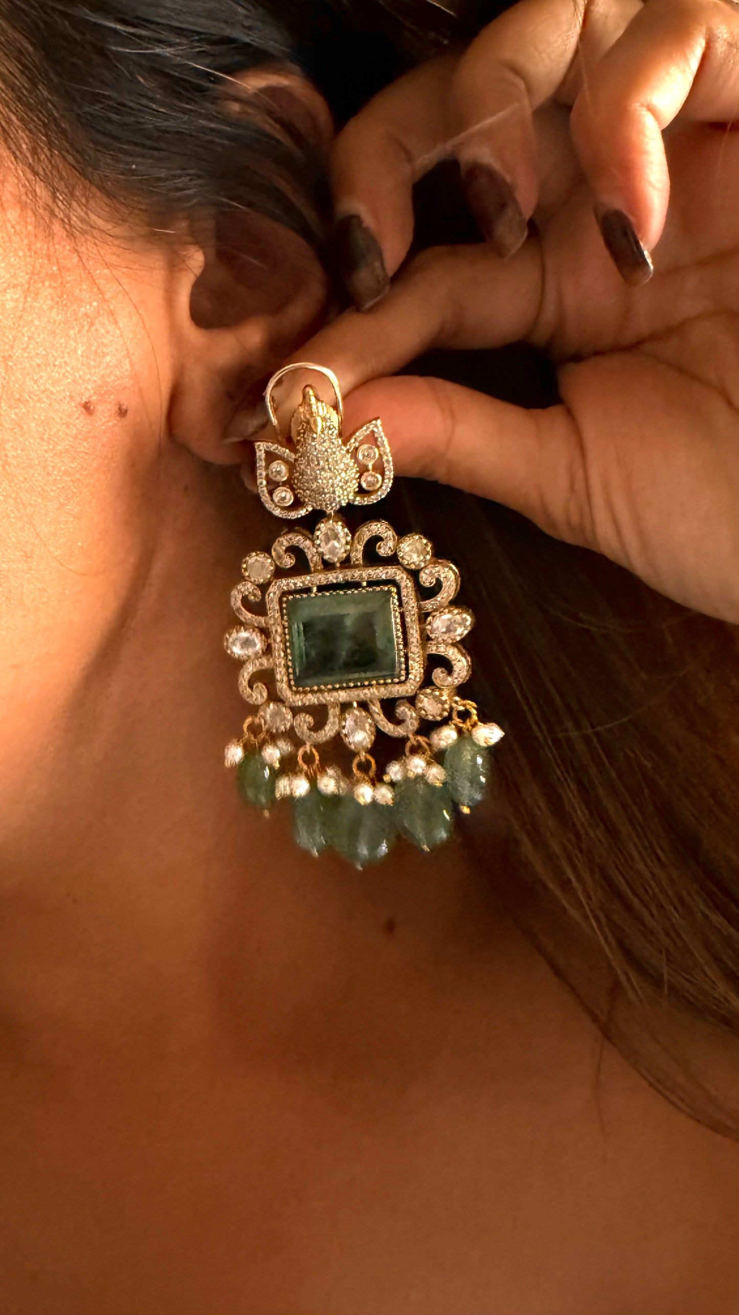 Mint doublet moissanite peacock with rani pink drops set