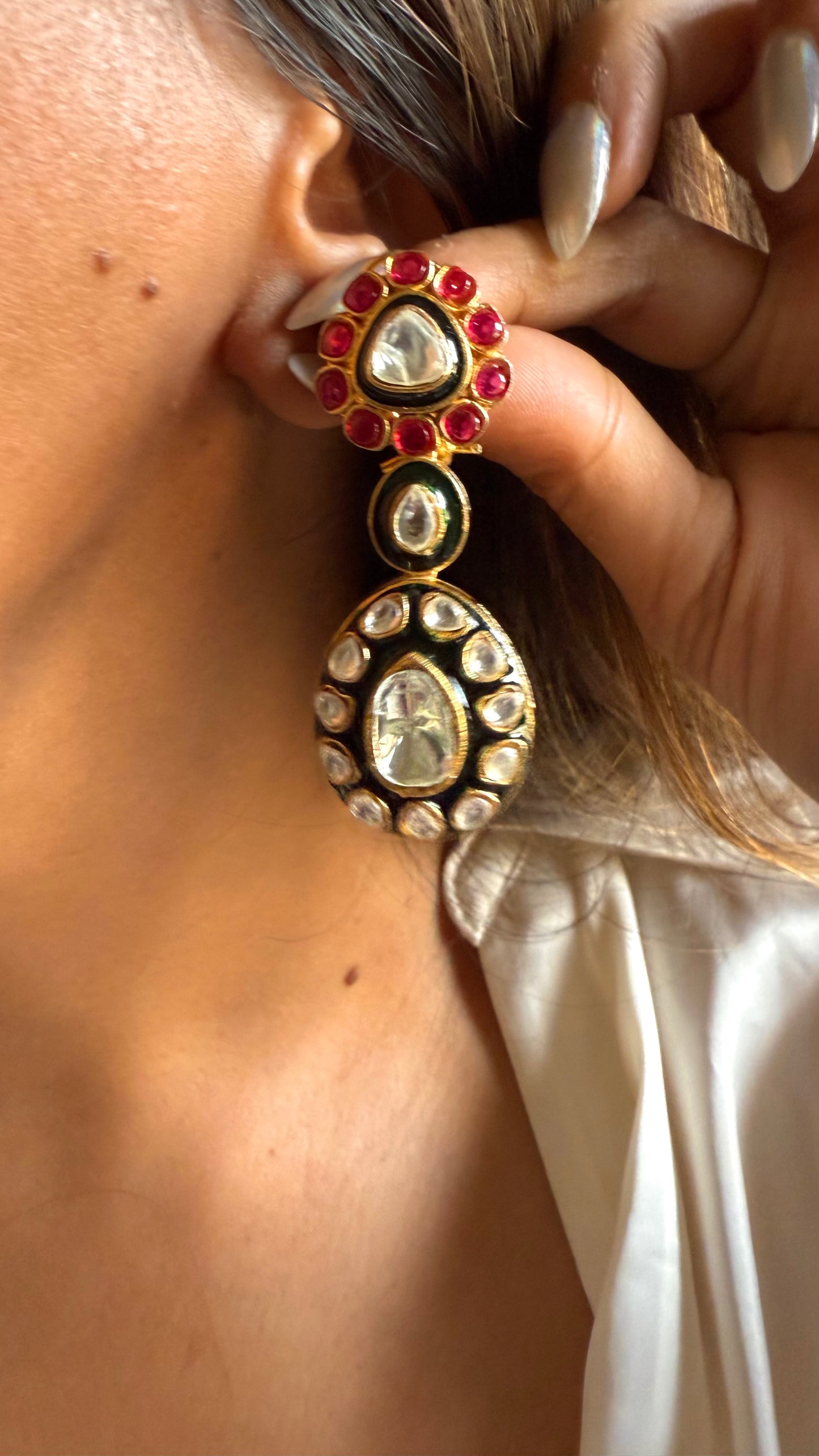 Emerald meenakari & ruby polki danglers