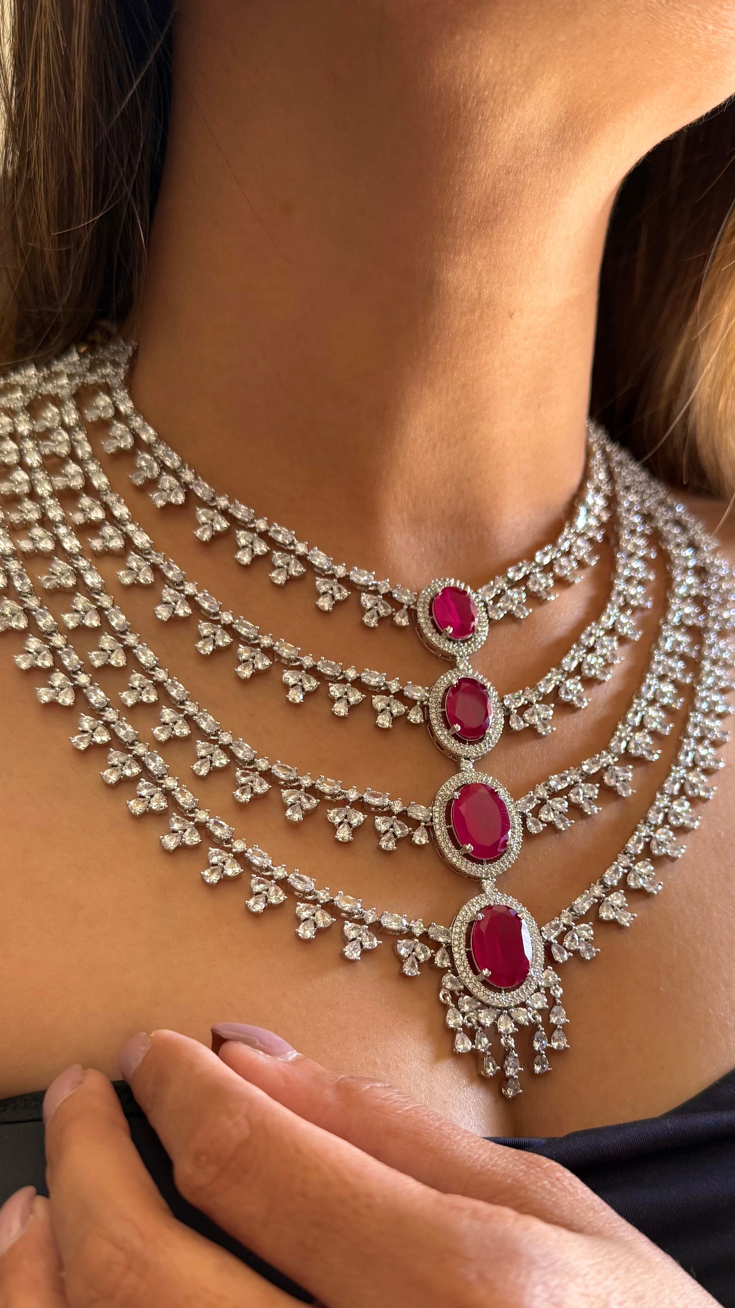 Elara Rani pink four layered diamond necklace