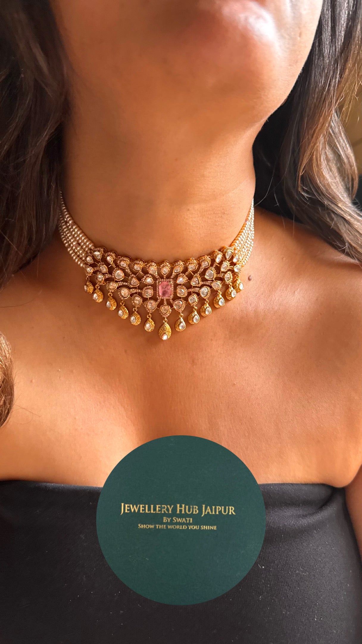 Rose quartz doublet with moissanite polki gold polish Necklace
