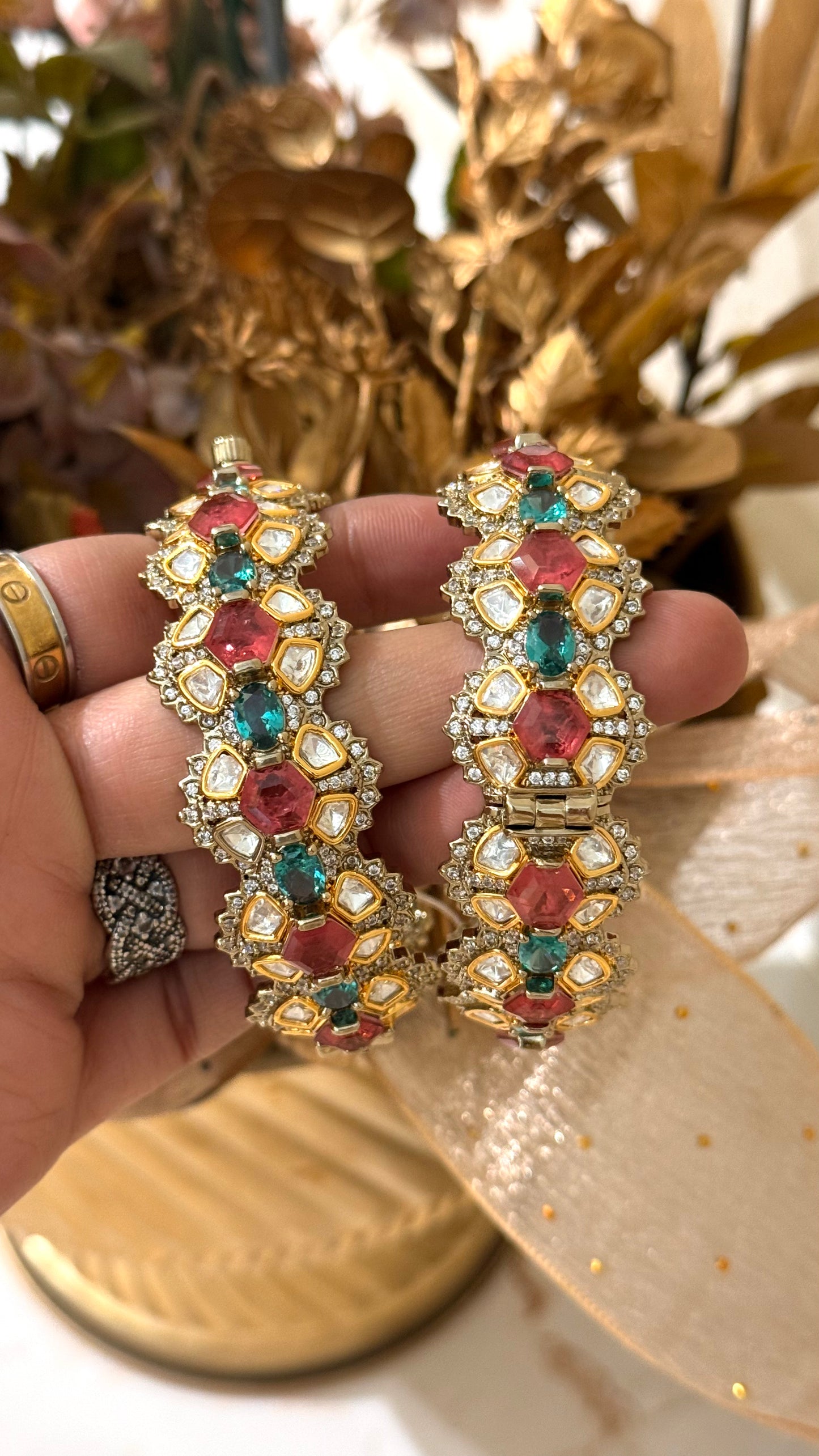 Turquoise & Mauve Moissanite Polki Bangles