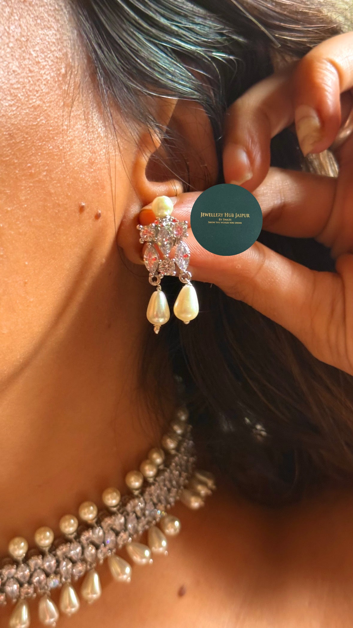 Celeste Cz diamond with pearl drop choker set