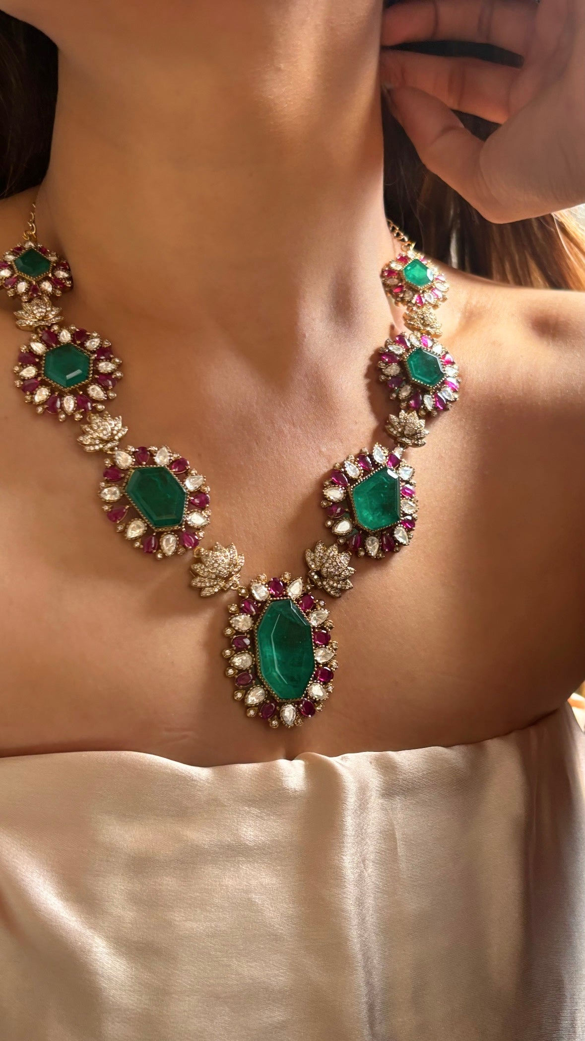 Bridal Asia inspired Ruby & Emerald designer cocktail necklace