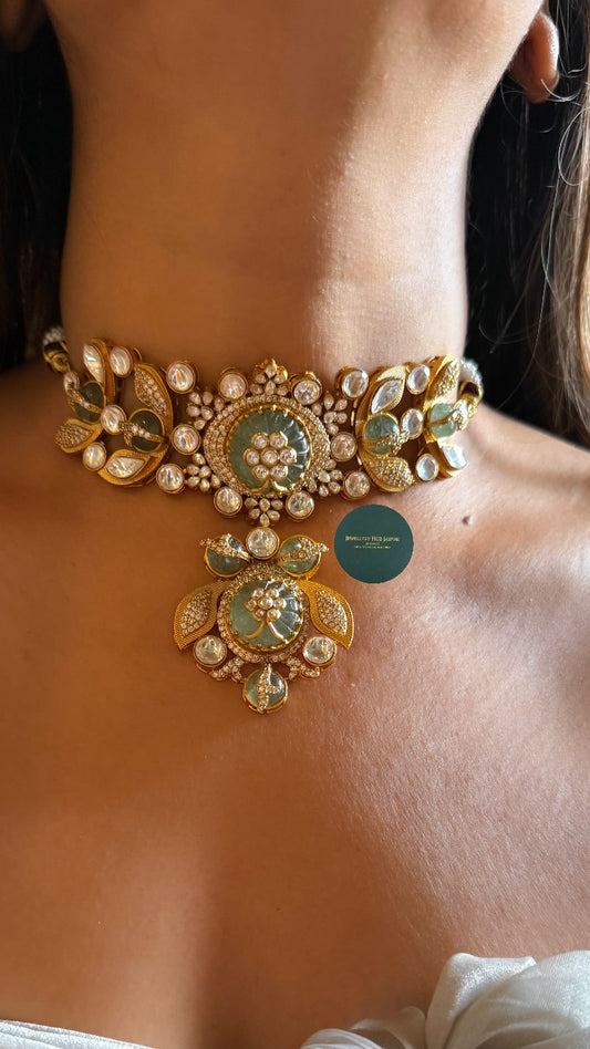 Mint doublet inlay floral & polki choker set