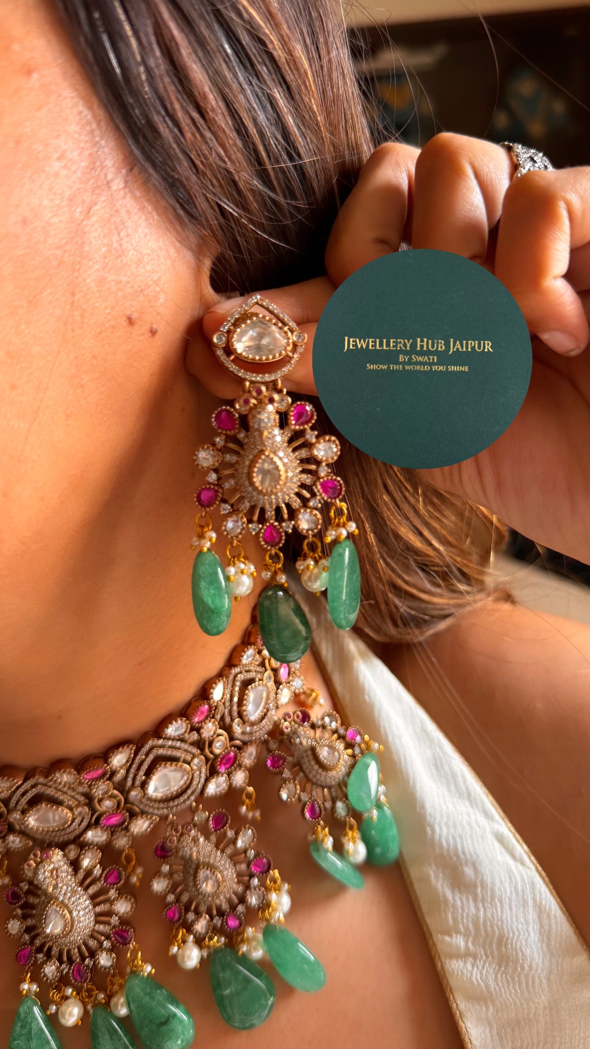 Rani pink moissanite floral with mint drop choker set