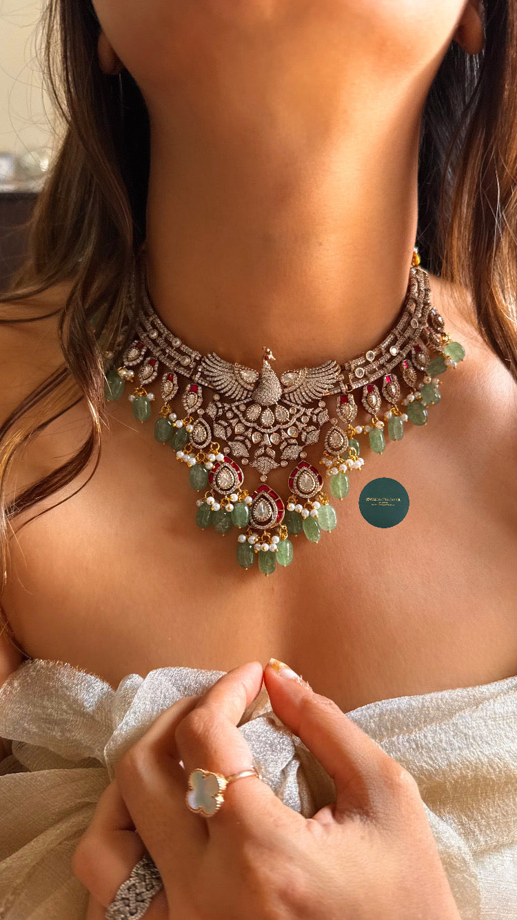 Peacock inspired mint & ruby collar necklace
