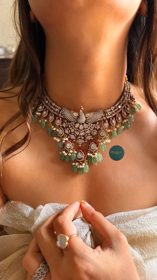 Peacock inspired mint & ruby collar necklace