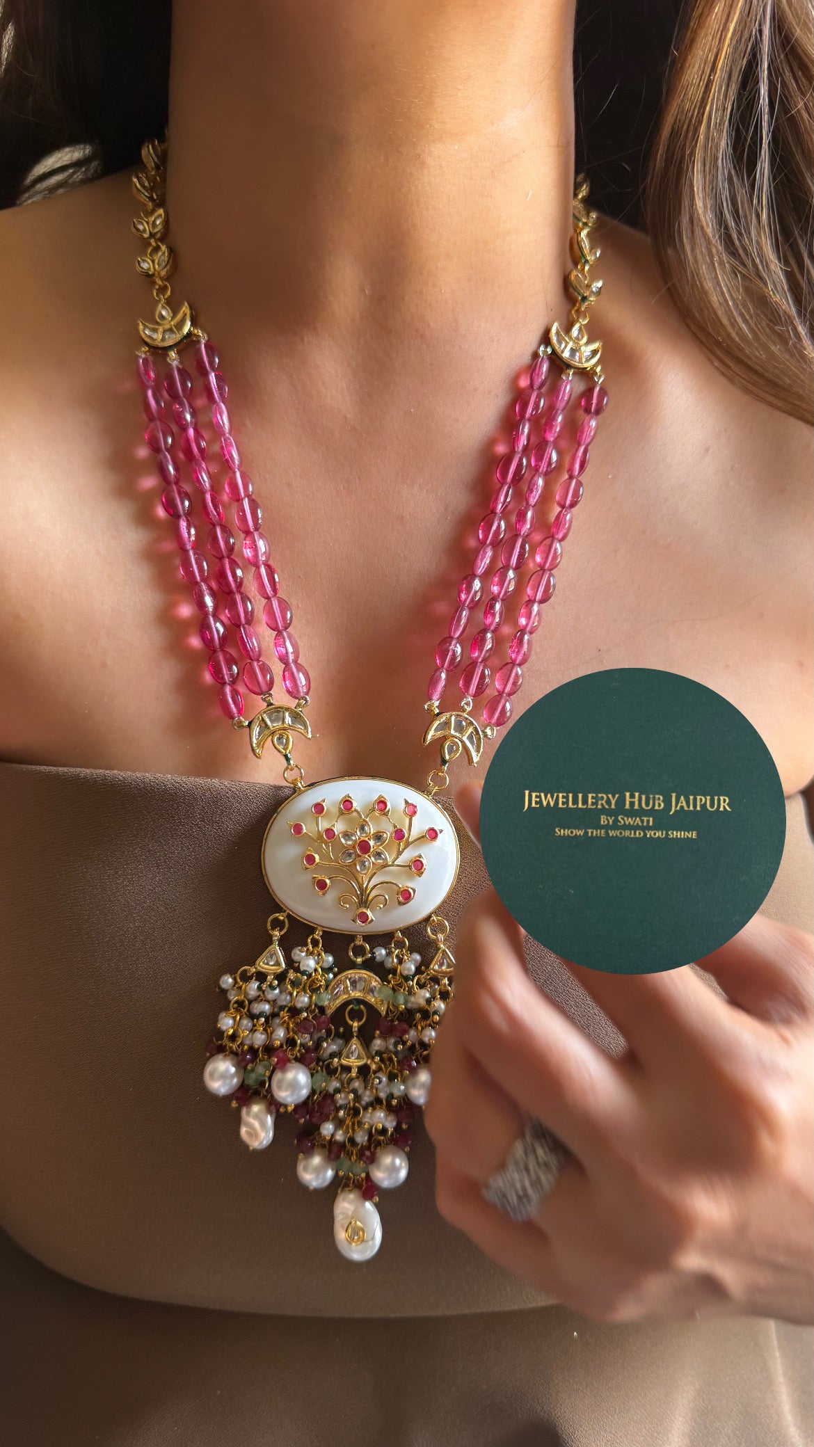 White inlay work & rani pink string meenakari paachi with pearl drop heritage long set